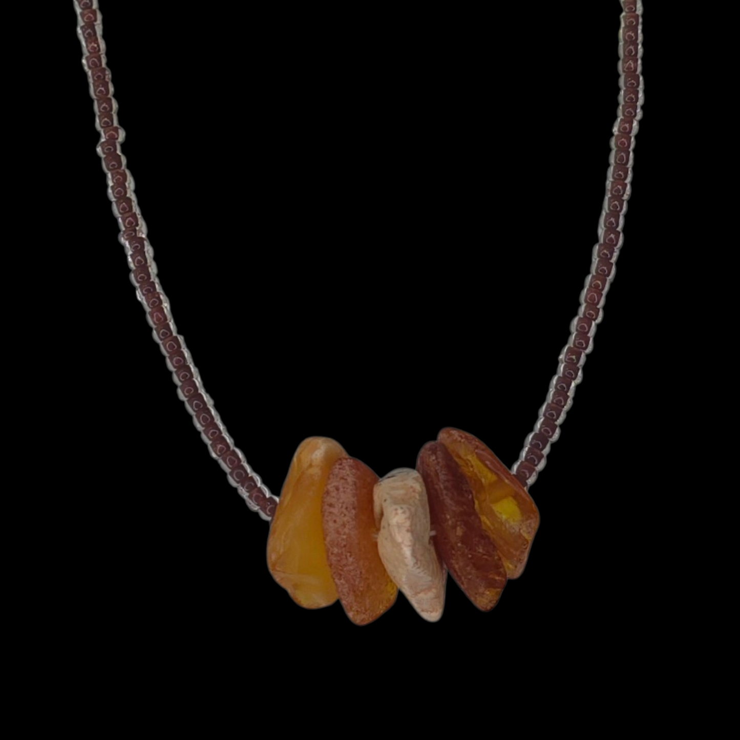 Beaded Cocoa Color Necklace With Amber Detail
