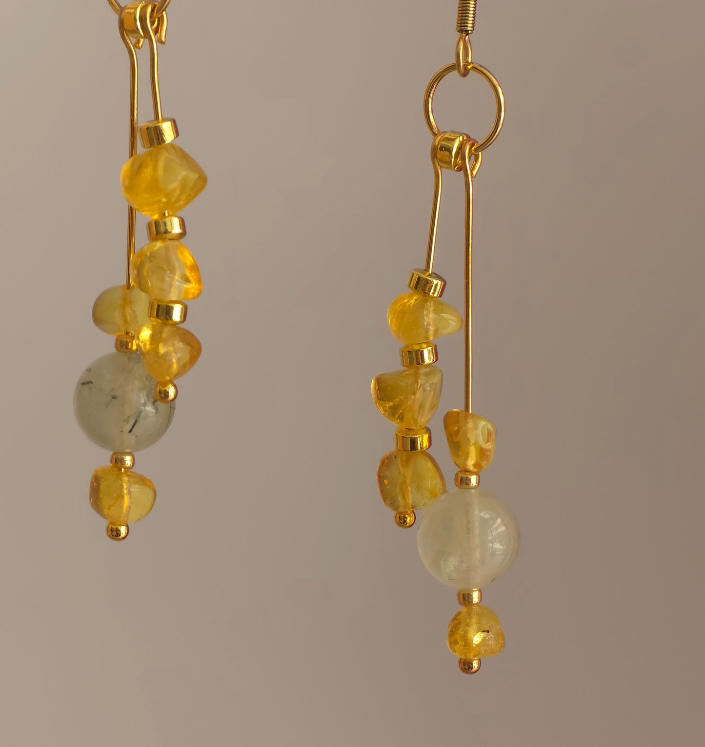 Aura of Amber: Baltic Amber & Prehnite Asymmetric Drop Earrings