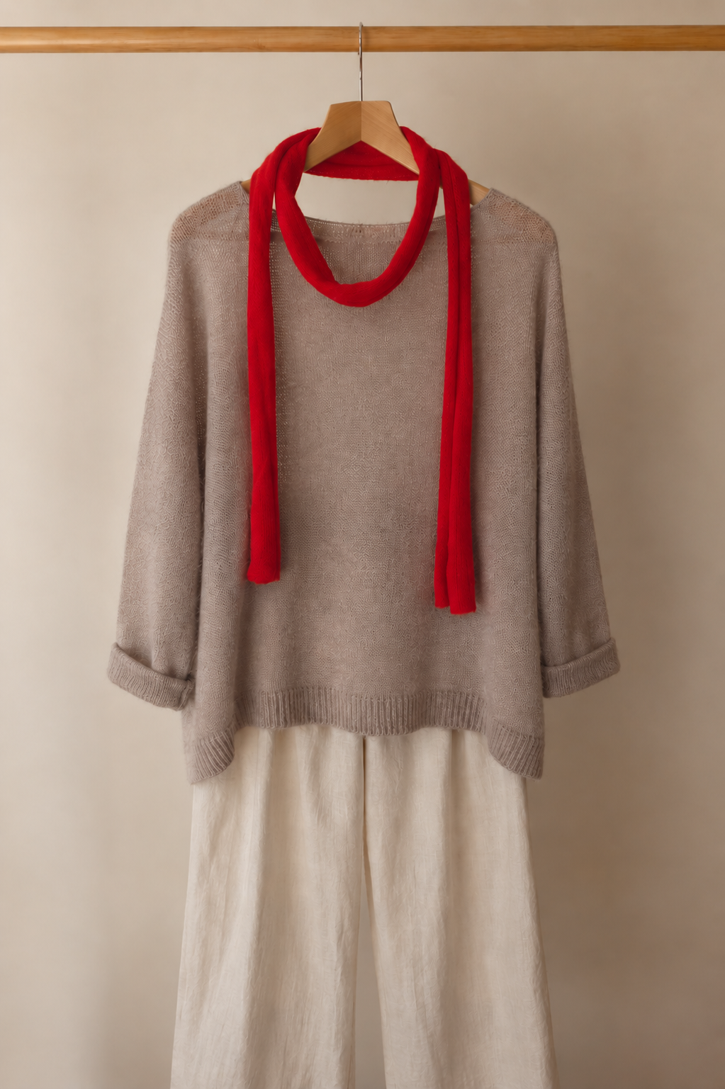Ruby Red Classic Length kid mohair scarf styled with a knit sweater.