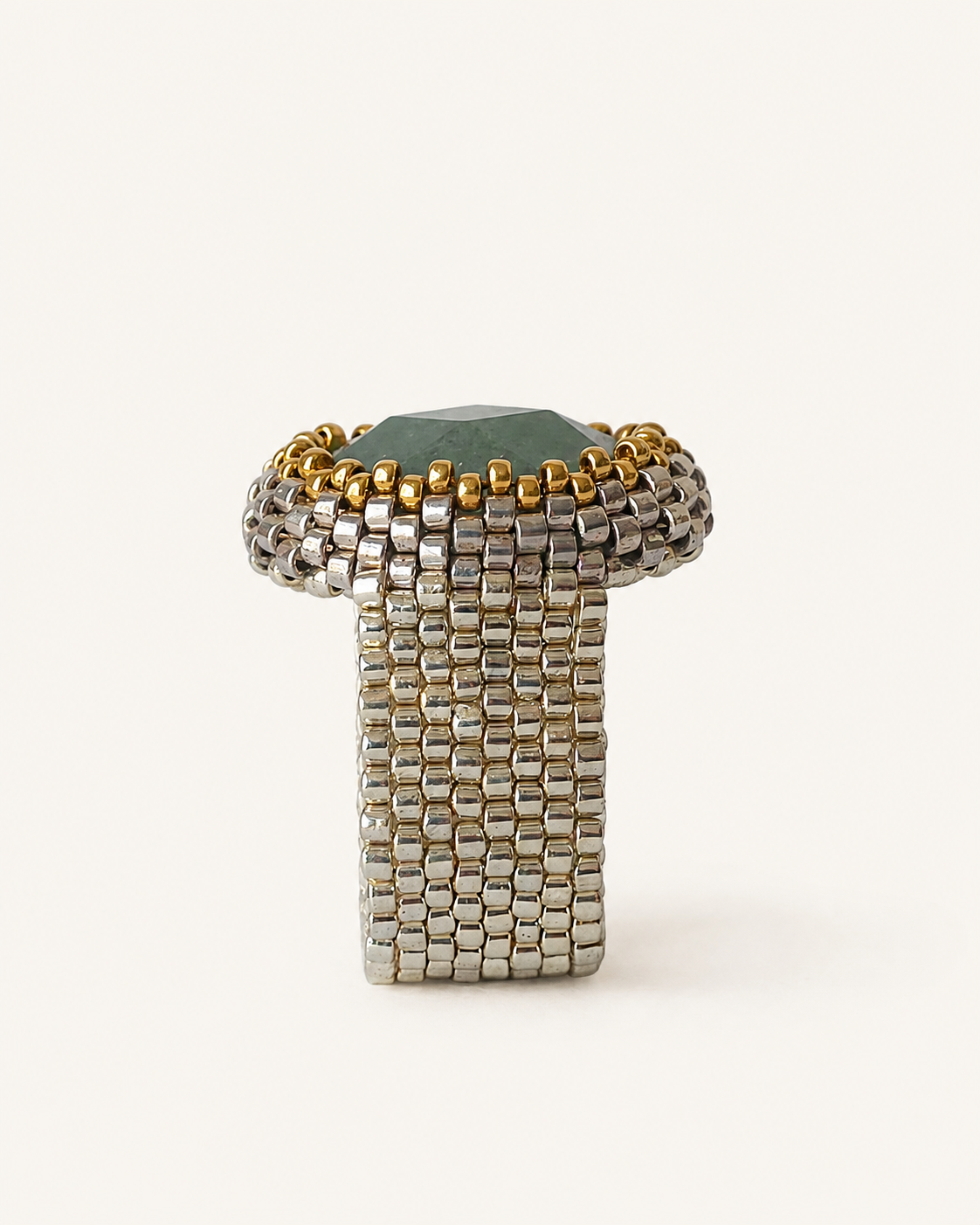 Faceted aventurine statement ring side profile showing raised gemstone and wide silver Miyuki beaded band
