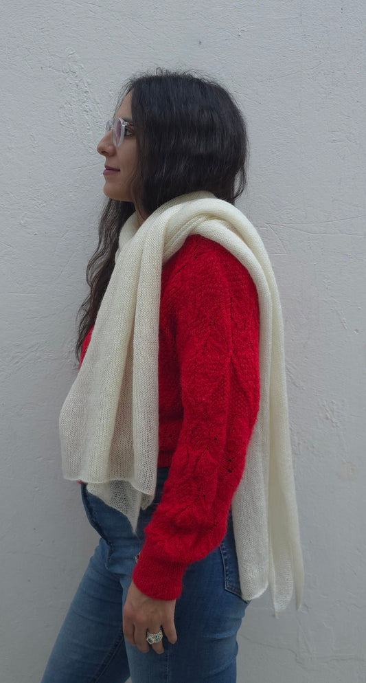 Silk Mohair Big Long Knitted Scarf Shawl / Creamy White Color