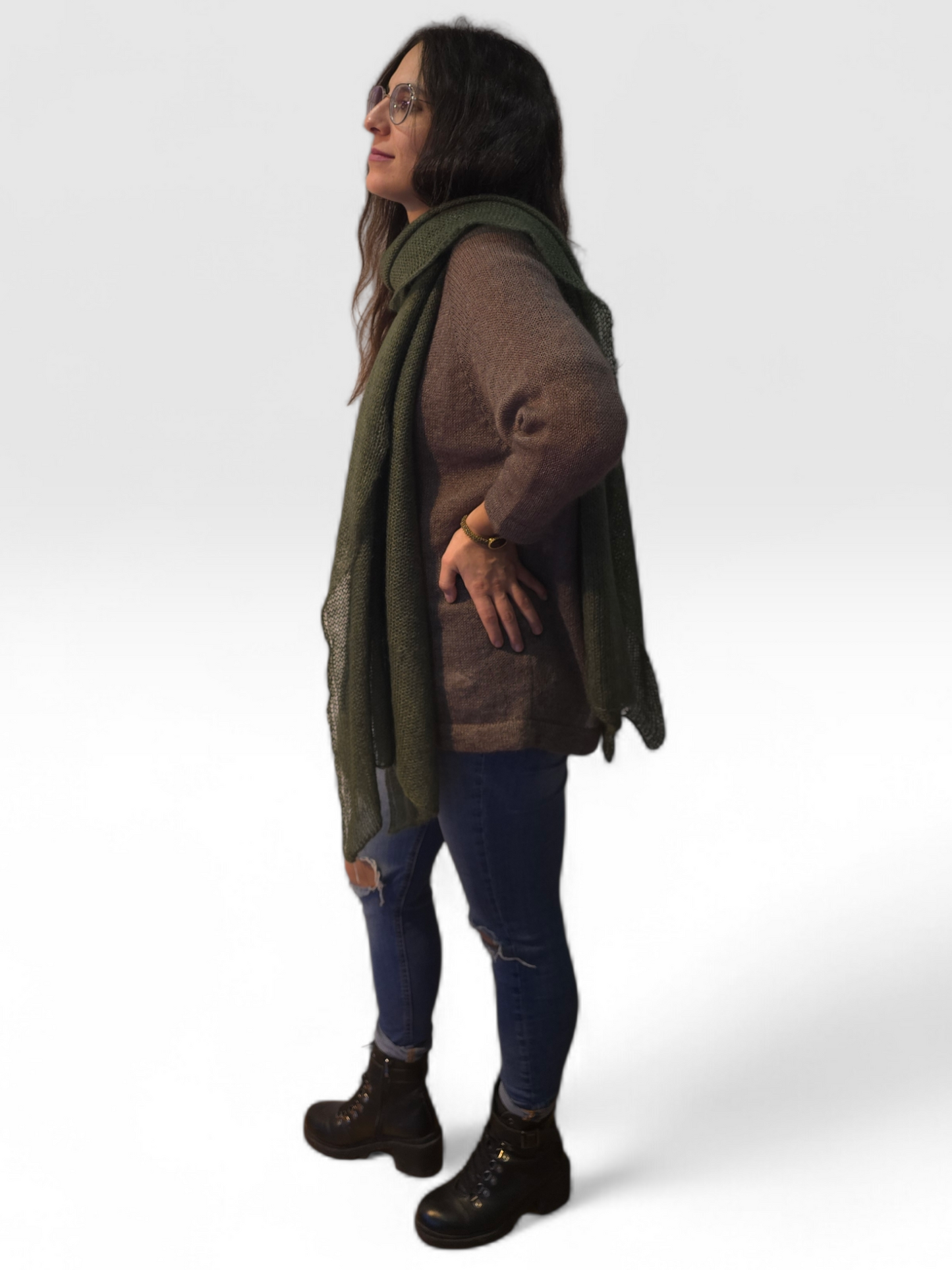 Großer, langer Strickschal aus Seidenmohair / Dunkelgrün