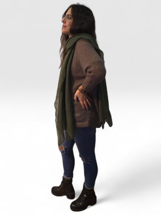 Silk Mohair Knitted Big Long Scarf / Dark Green