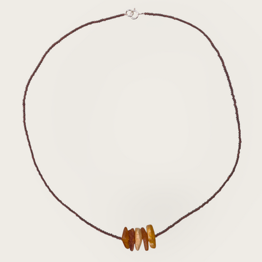 Beaded Cocoa Color Necklace With Amber Detail