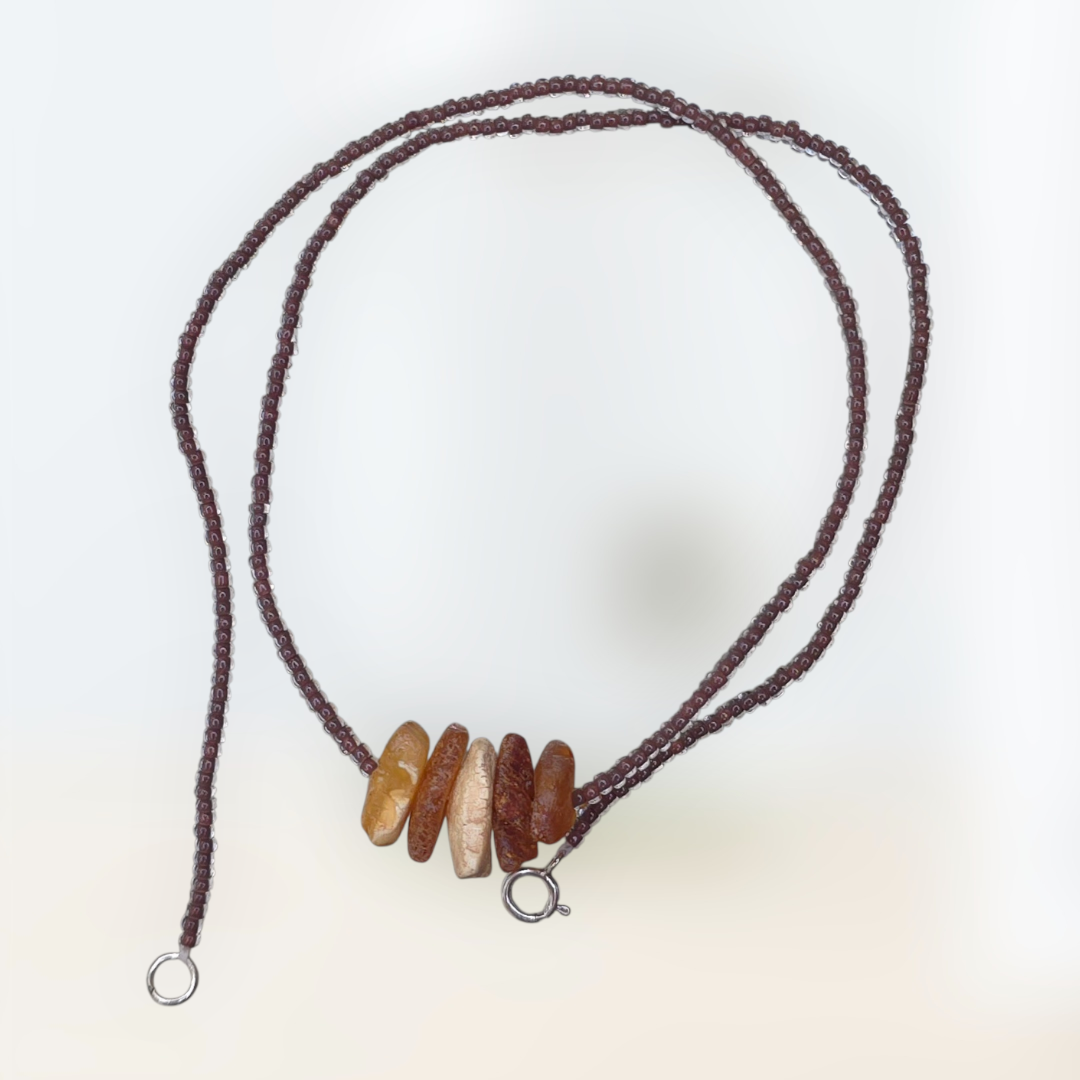 Beaded Cocoa Color Necklace With Amber Detail