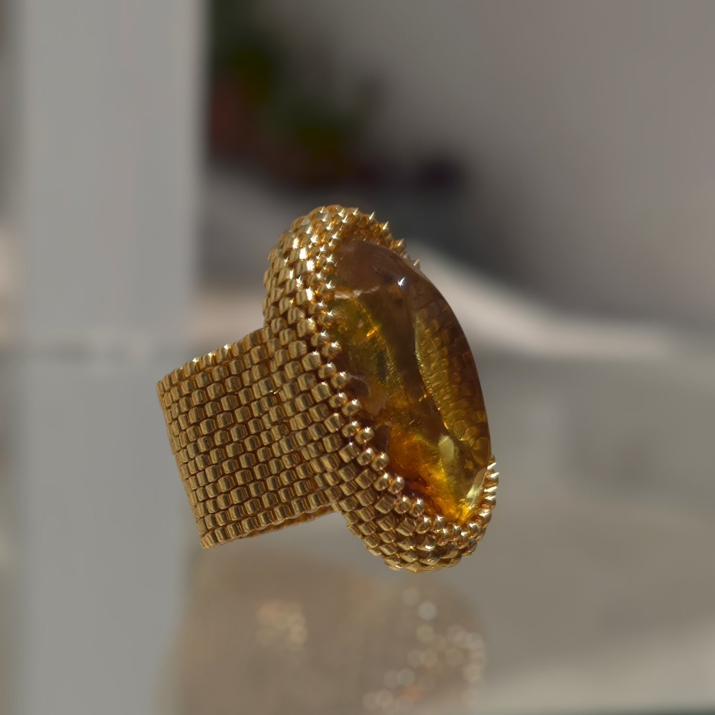 Handmade Amber & Miyuki Beaded Statement Ring