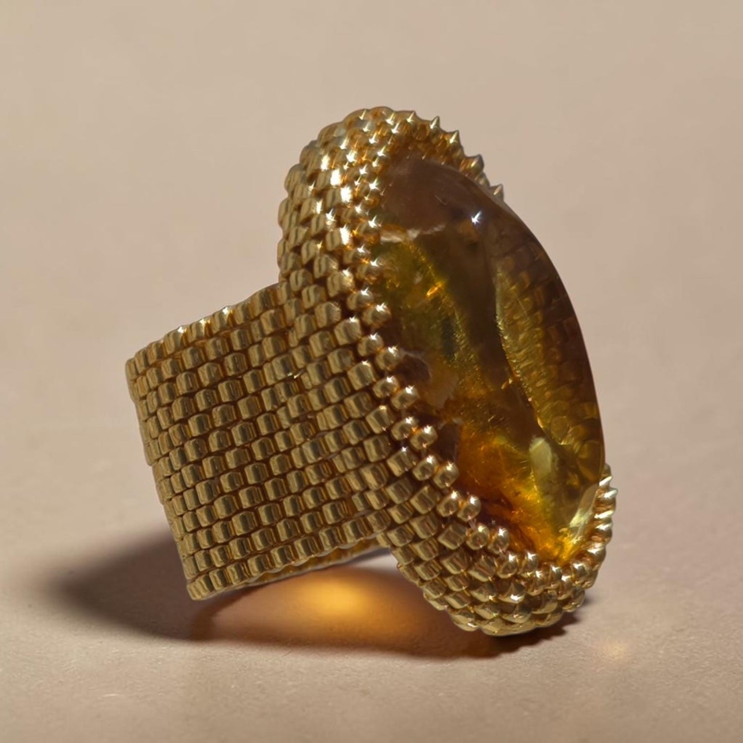 Handmade Amber & Miyuki Beaded Statement Ring