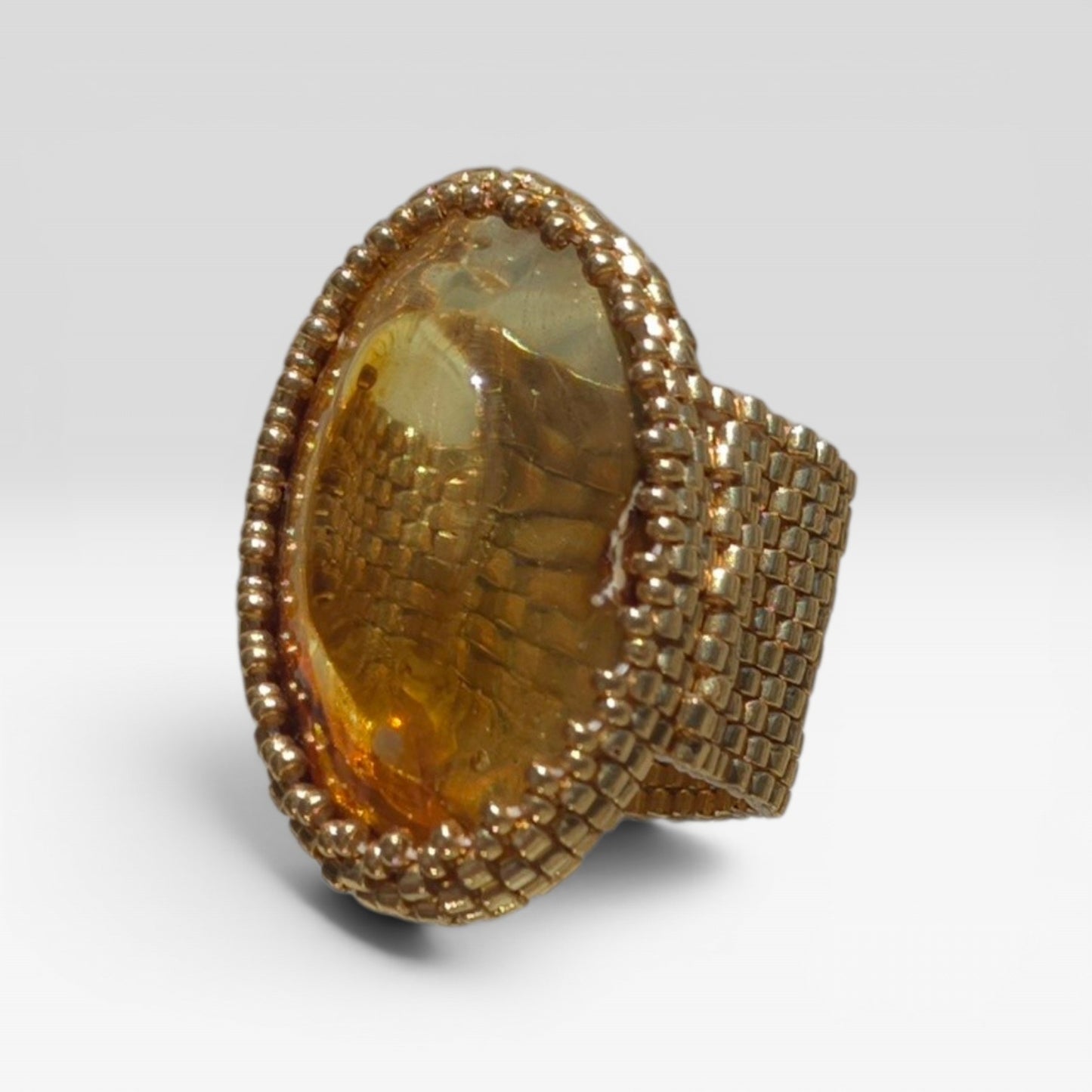 Handmade Amber & Miyuki Beaded Statement Ring