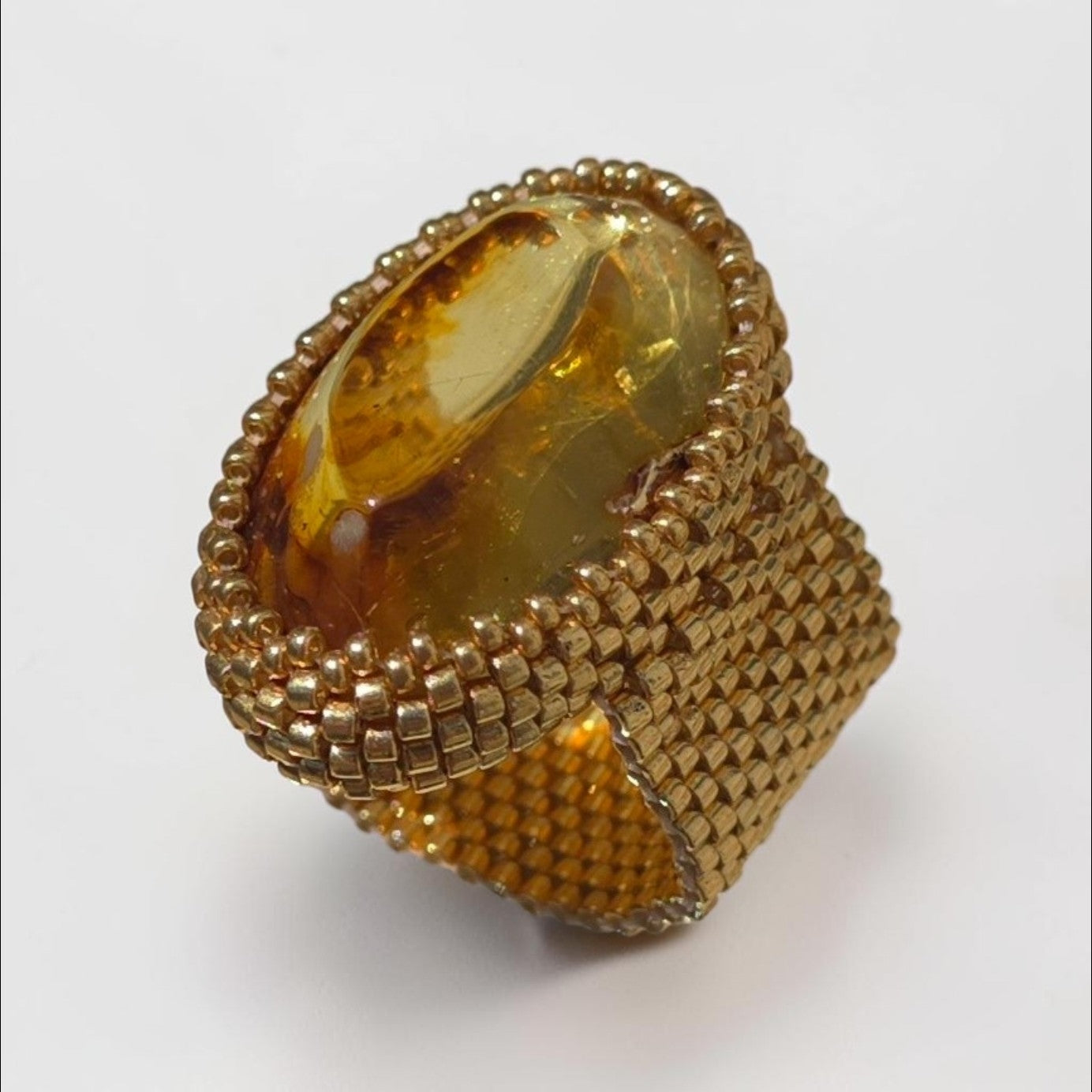 Handmade Amber & Miyuki Beaded Statement Ring
