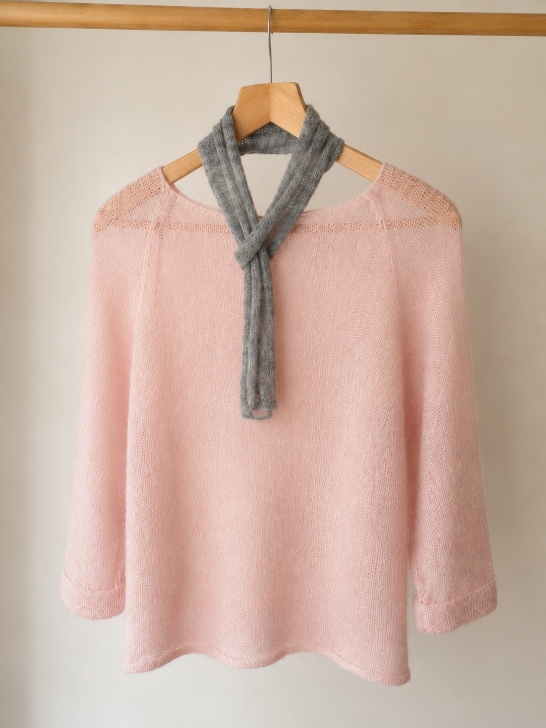 Grey Mist mini scarf styled with pink knitwear