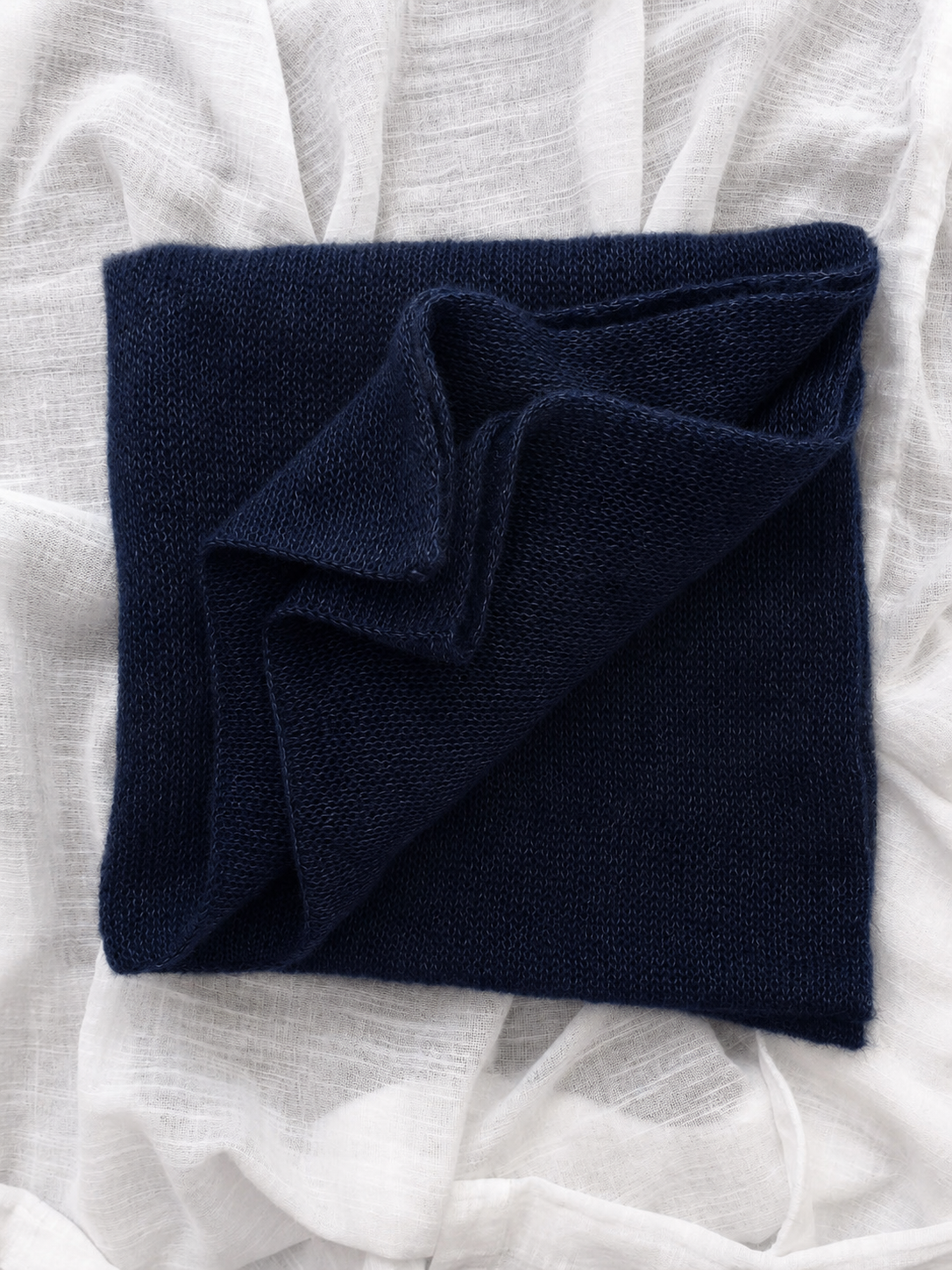 Folded midnight navy silk mohair infinity scarf.