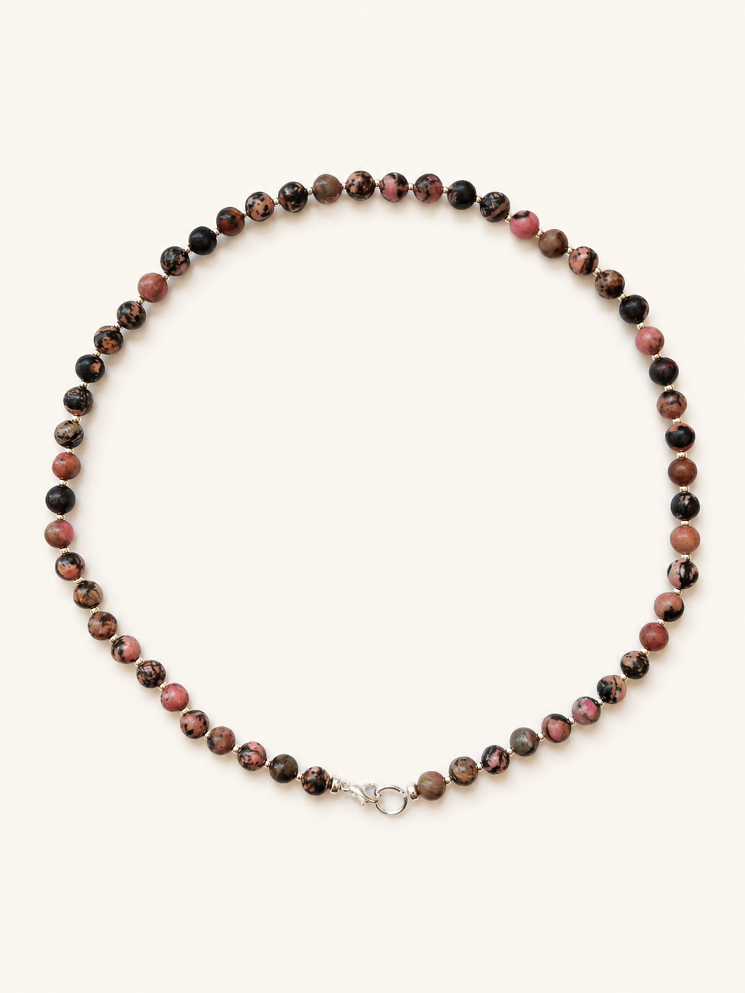 Rhodonite necklace with 6mm pink, black and brown gemstone beads, silver Miyuki spacers and lobster clasp