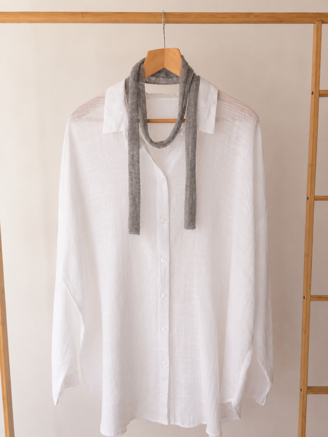 Grey Mist mini kid mohair skinny scarf on a white linen shirt