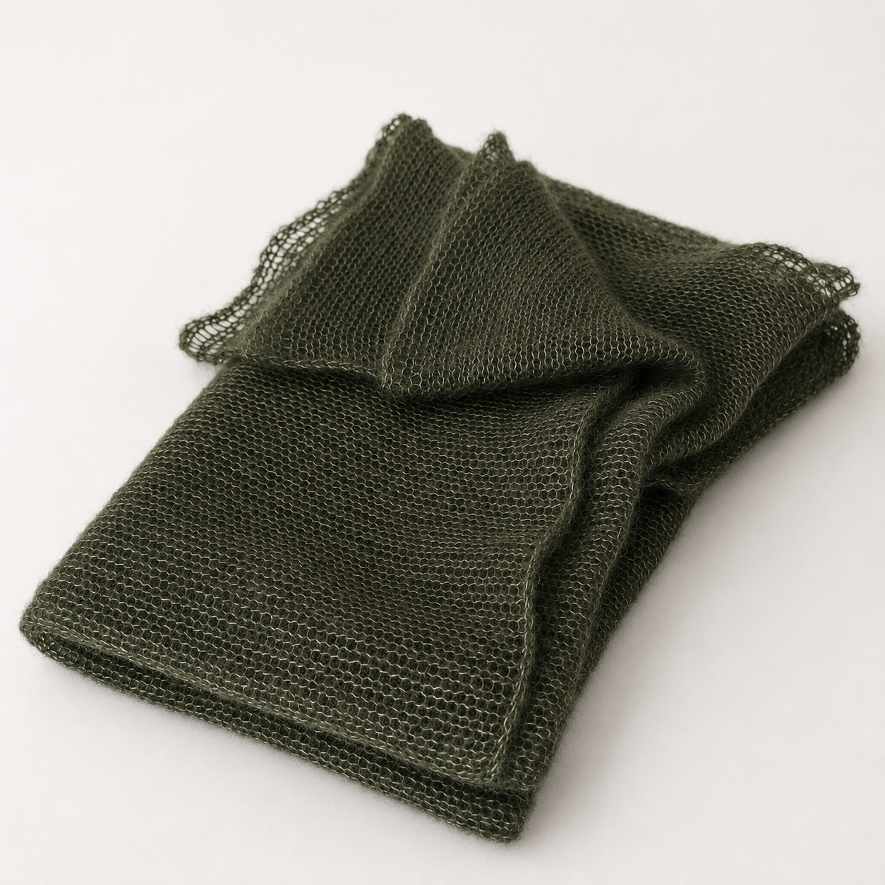 Folded Moss Whisper silk mohair shawl showcasing its lightweight texture and timeless moss green colour
