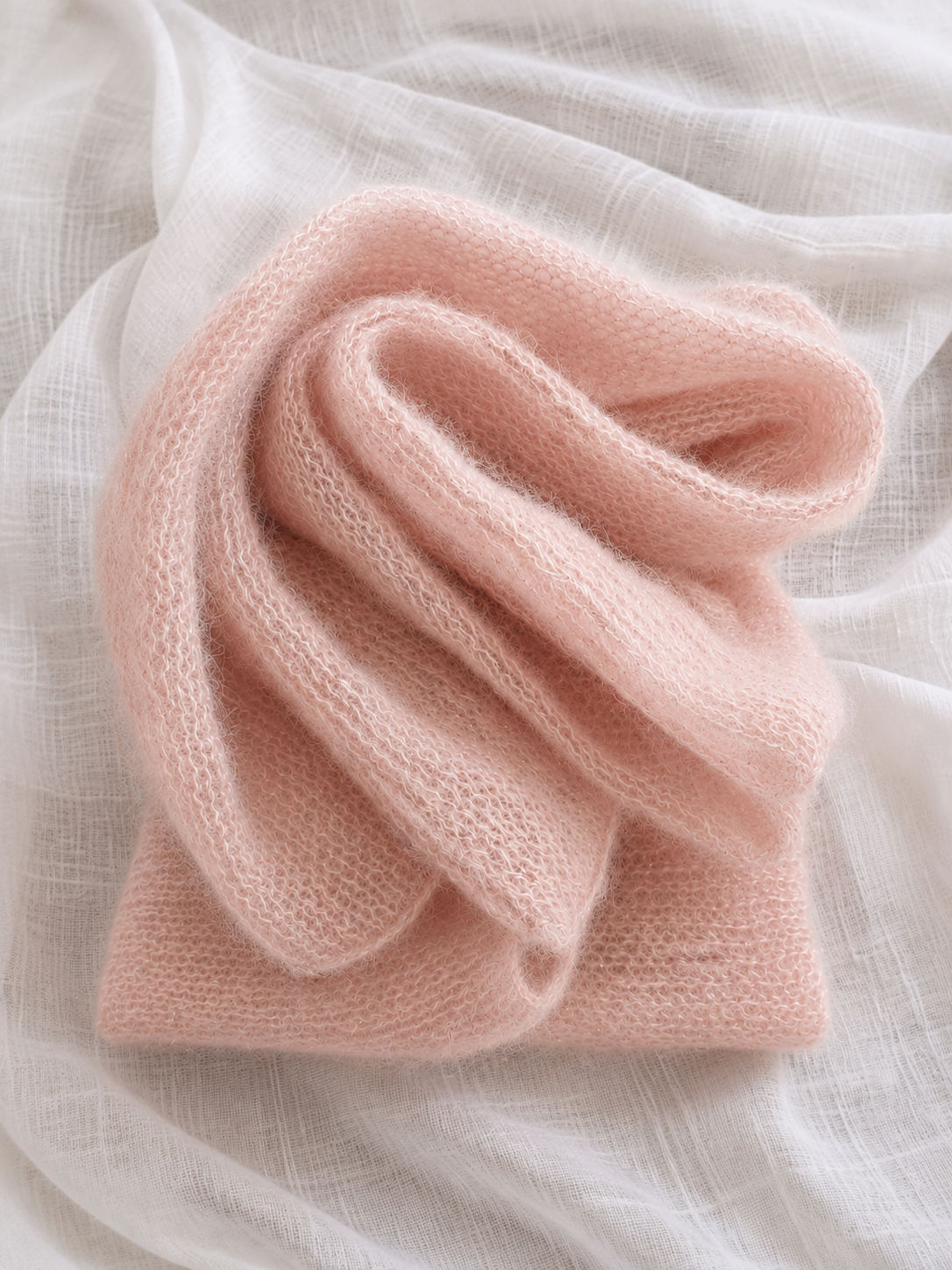 Folded Blush Pink Mohair Blend Infinity Scarf with soft texture