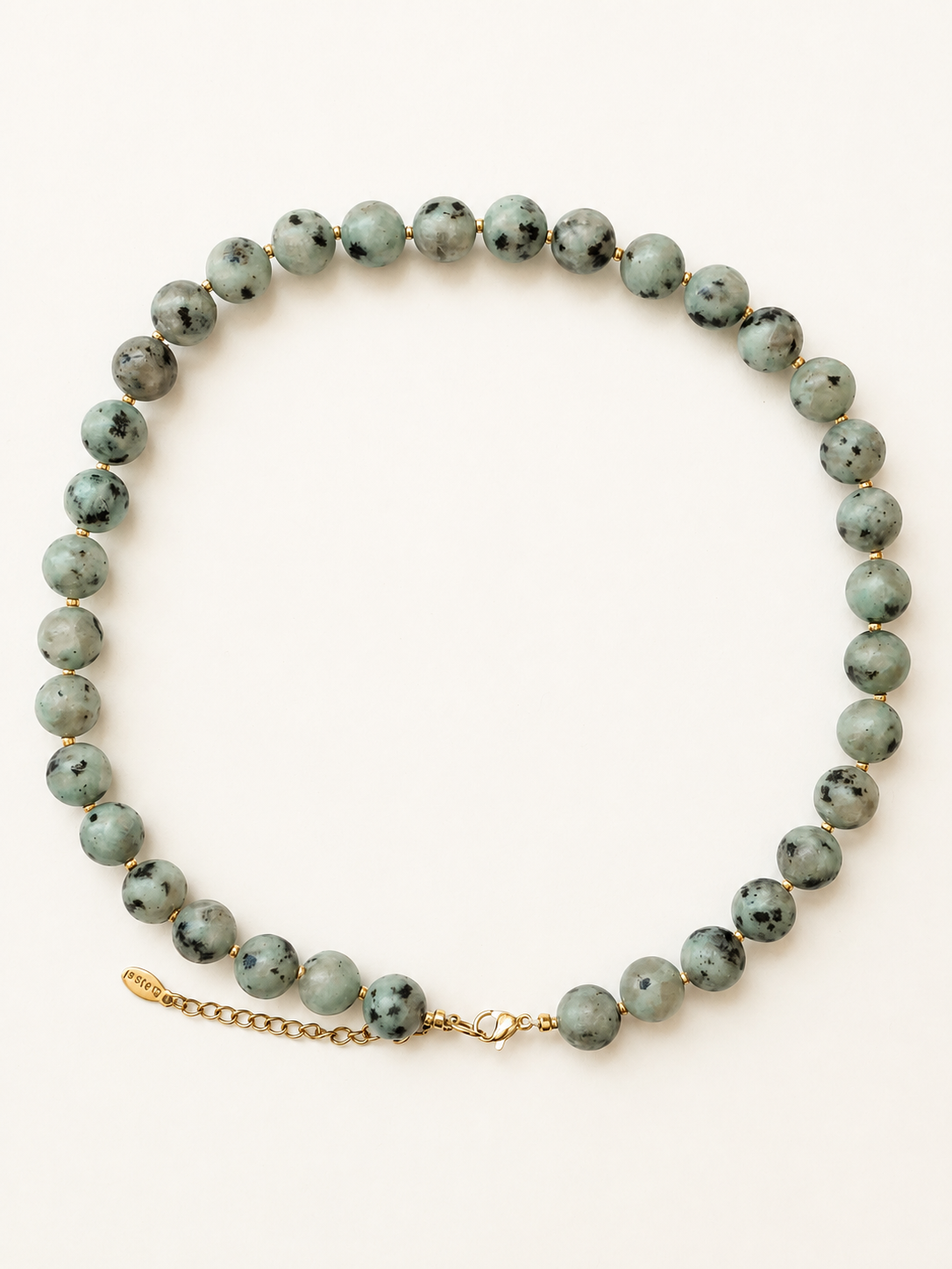Kiwi jasper necklace with 10mm green gemstone beads, gold accents and extension chain