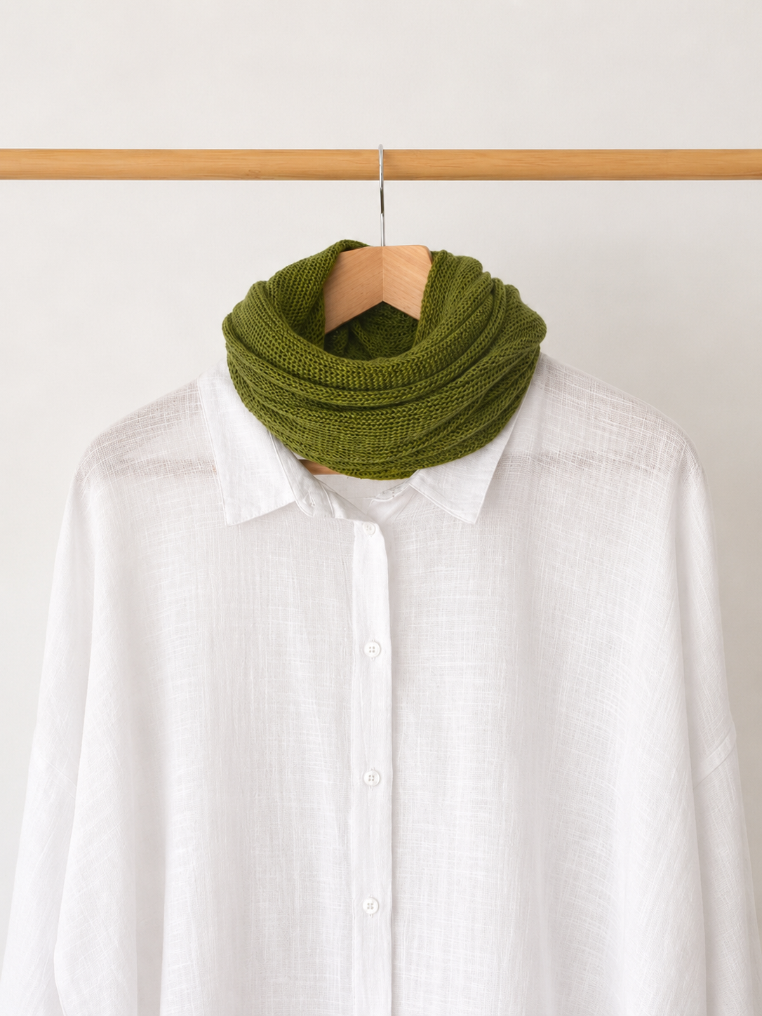 Olive Green linen infinity scarf styled with a white linen shirt.