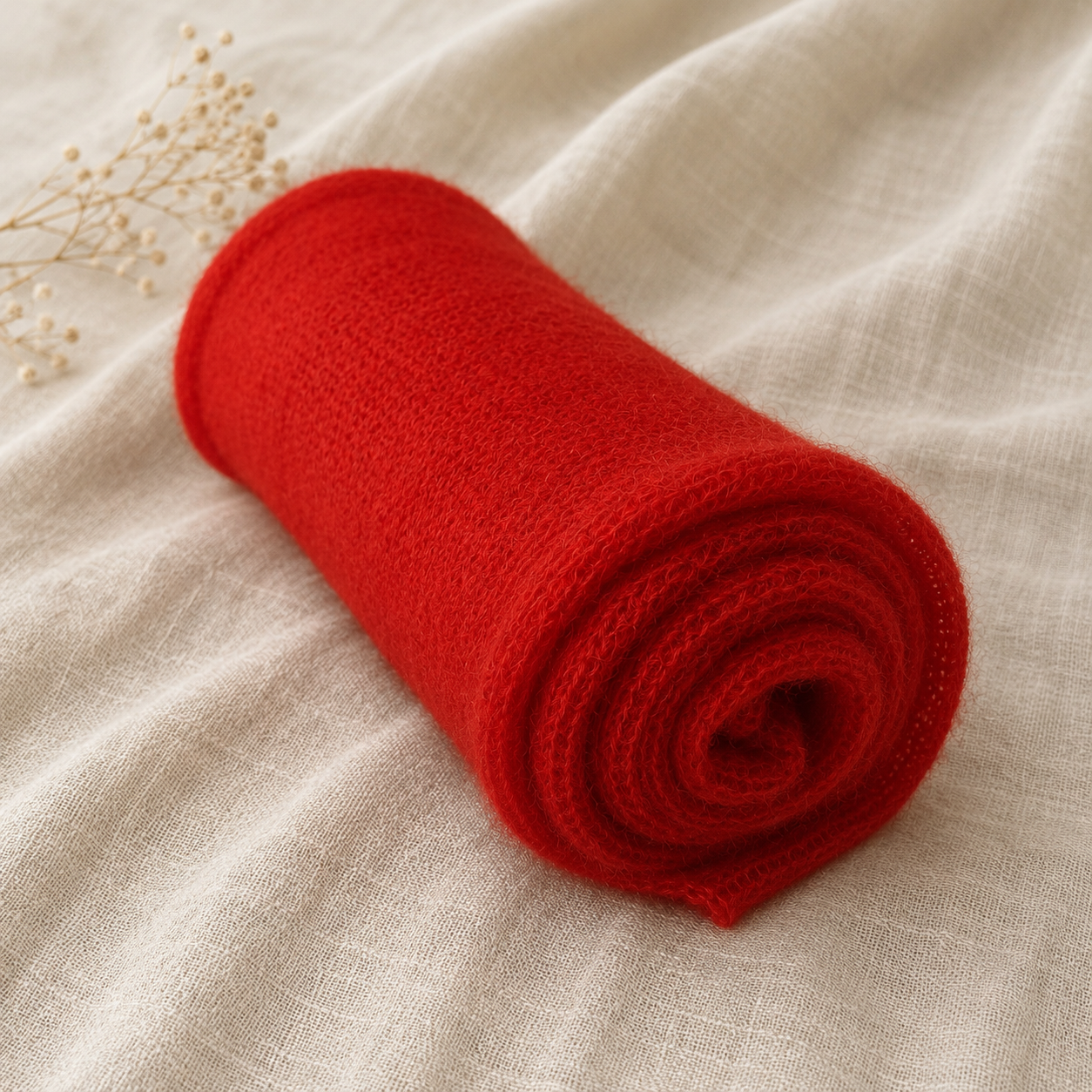 Rolled Crimson Flame silk mohair shawl highlighting its lightweight knit and soft halo