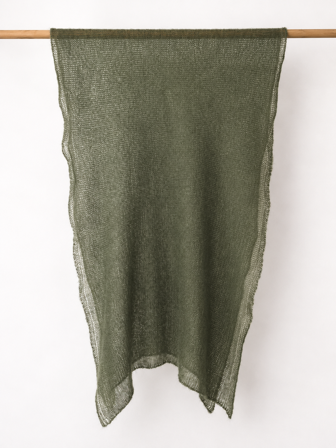 Full-length Moss Whisper silk mohair shawl displaying its elegant oversized drape