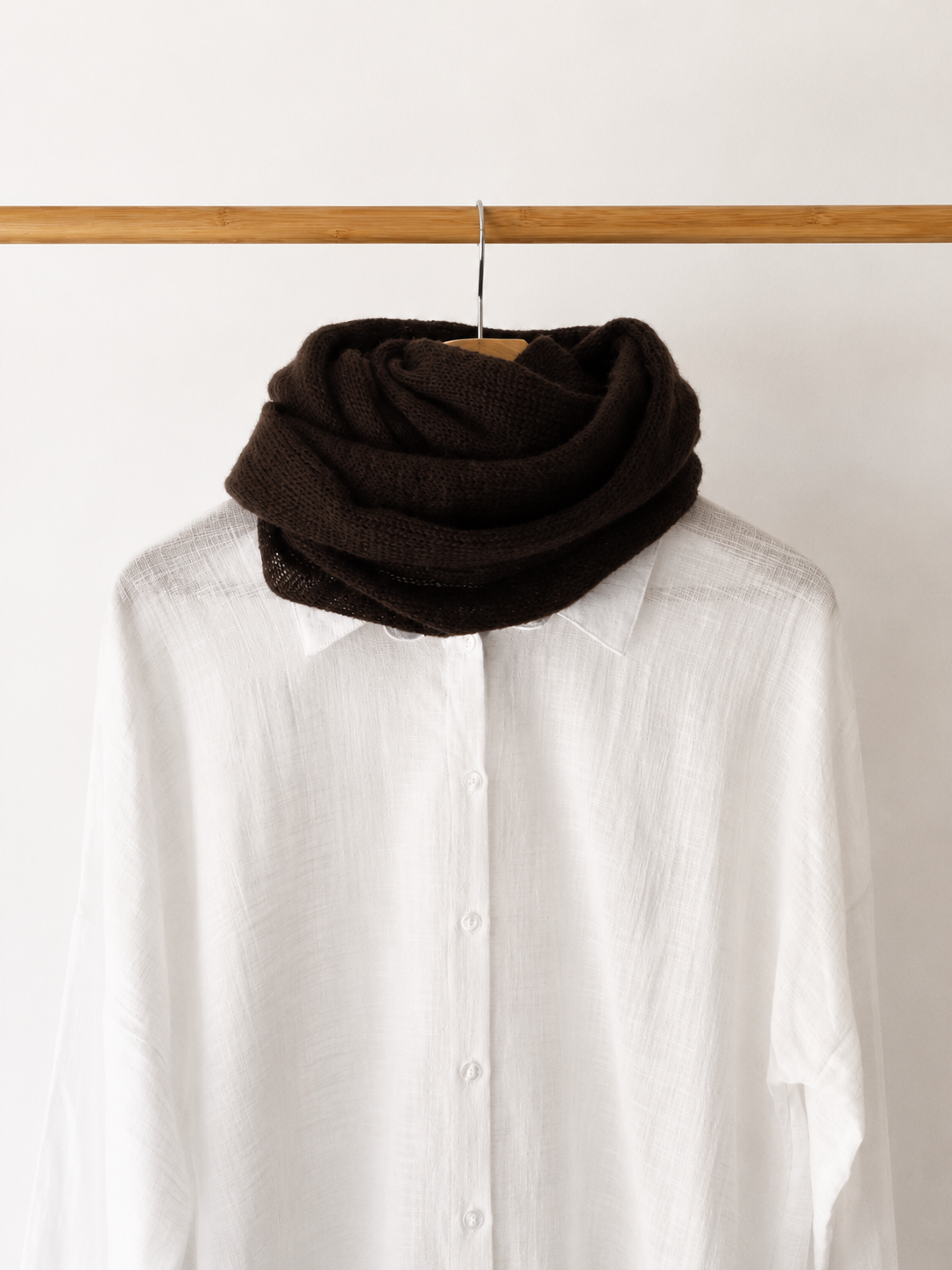 Dark Brown silk mohair infinity scarf styled around a white linen shirt.