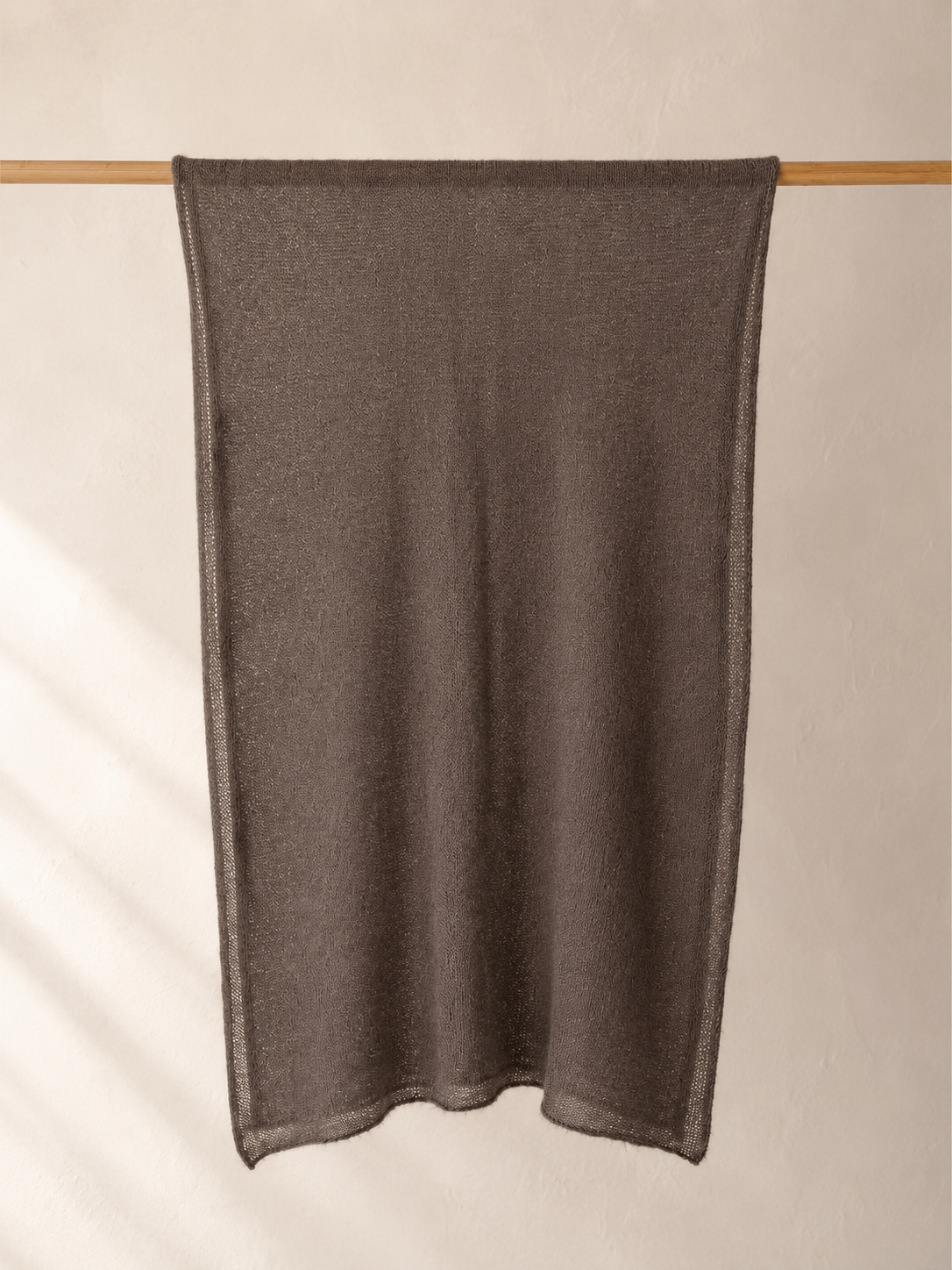 Full view of the Warm Taupe silk mohair shawl hanging naturally