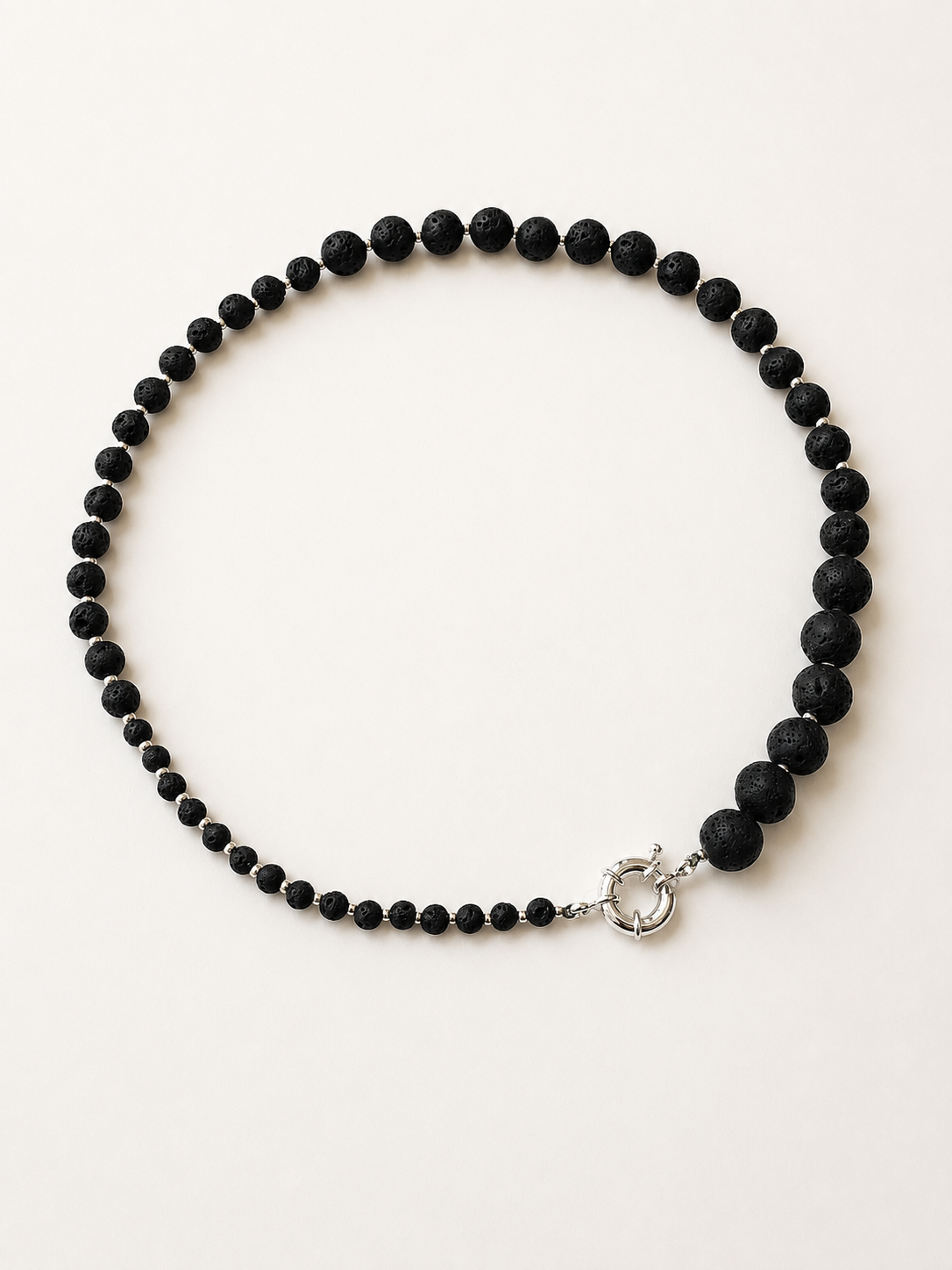 Full graduated black lava stone necklace with silver Japanese Miyuki accents