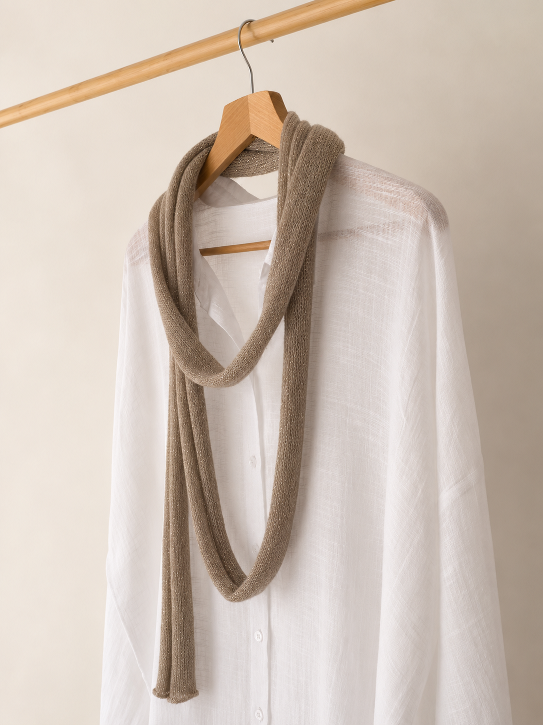 45-degree view of lightweight mohair skinny scarf.