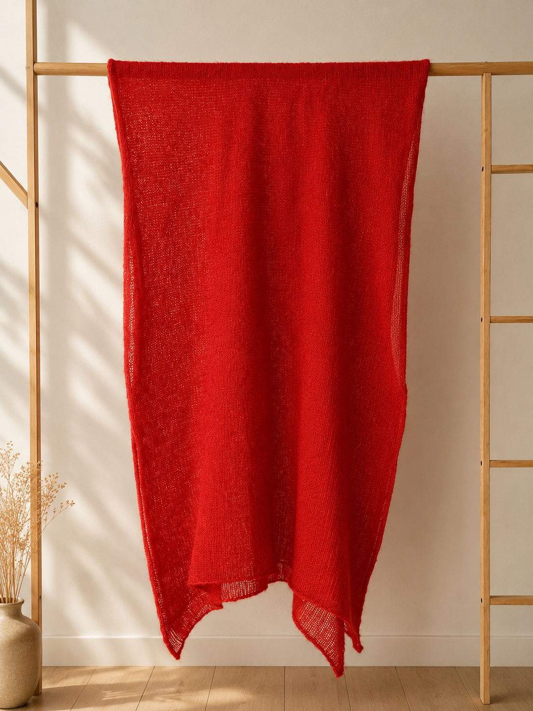 Full-length Crimson Flame silk mohair shawl hanging naturally to showcase its elegant drape