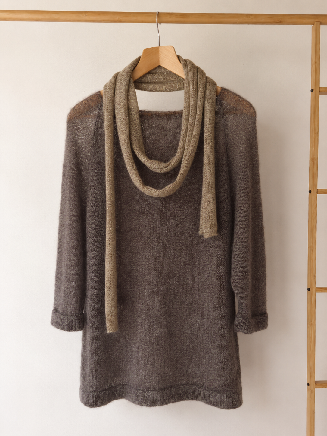 Lifestyle styling of Golden Dune mohair scarf with knitwear.