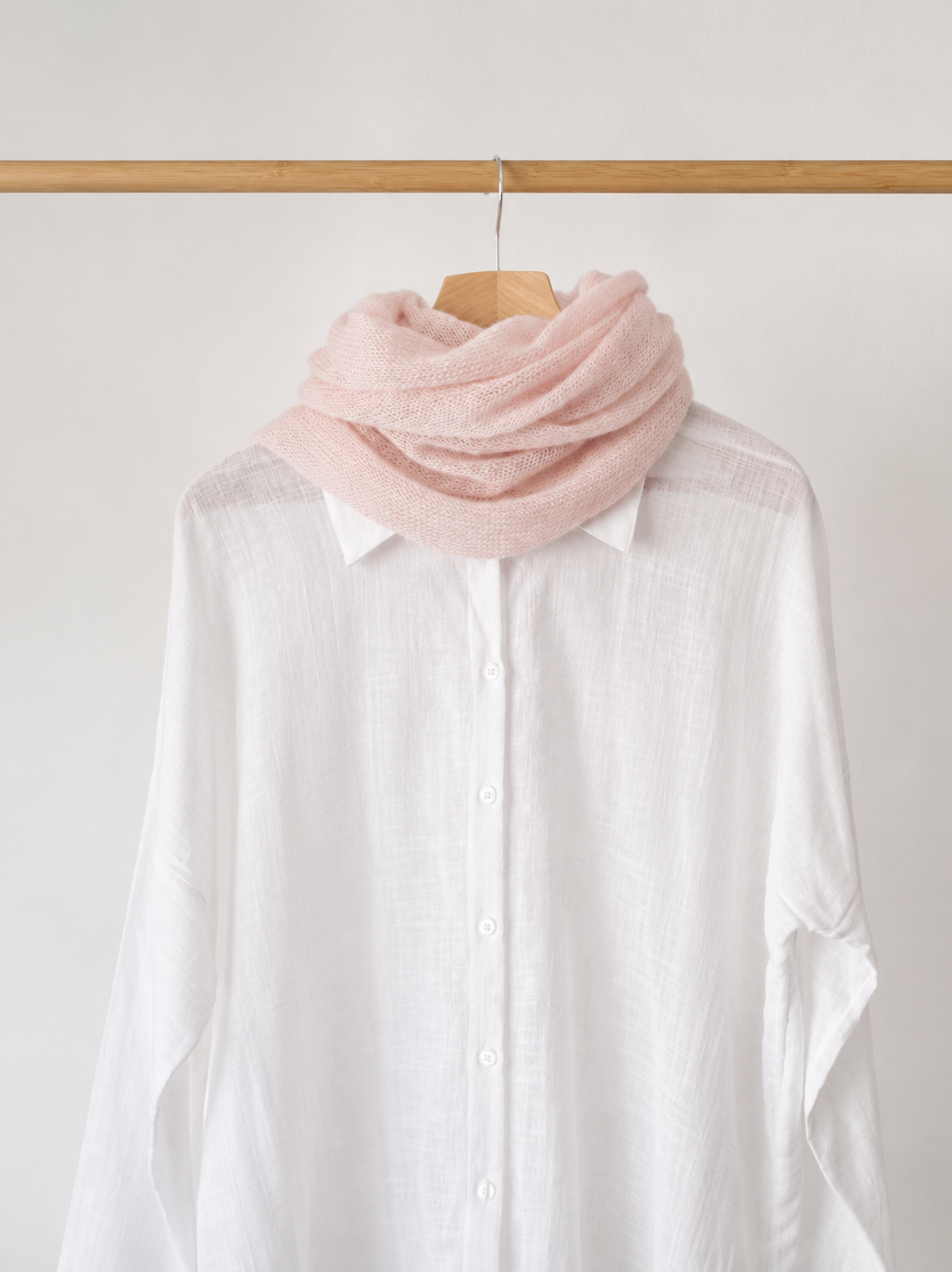 Blush Pink infinity scarf styled with a white linen shirt.