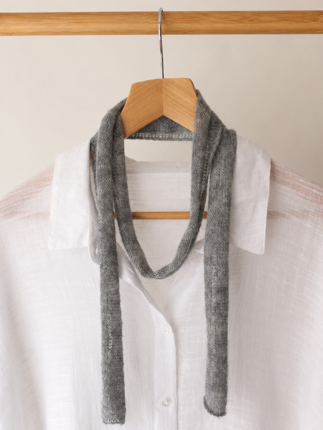 Close-up of Grey Mist mini skinny scarf