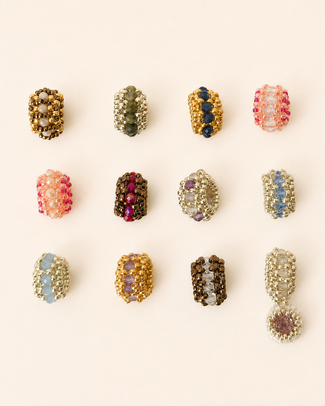 Twelve Wear Your Way mini beaded pendants in assorted colours, gemstones, crystals and Miyuki bead finishes