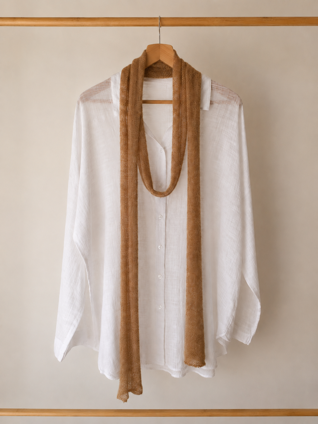 Warm Camel handmade kid mohair skinny scarf styled on a white linen shirt.