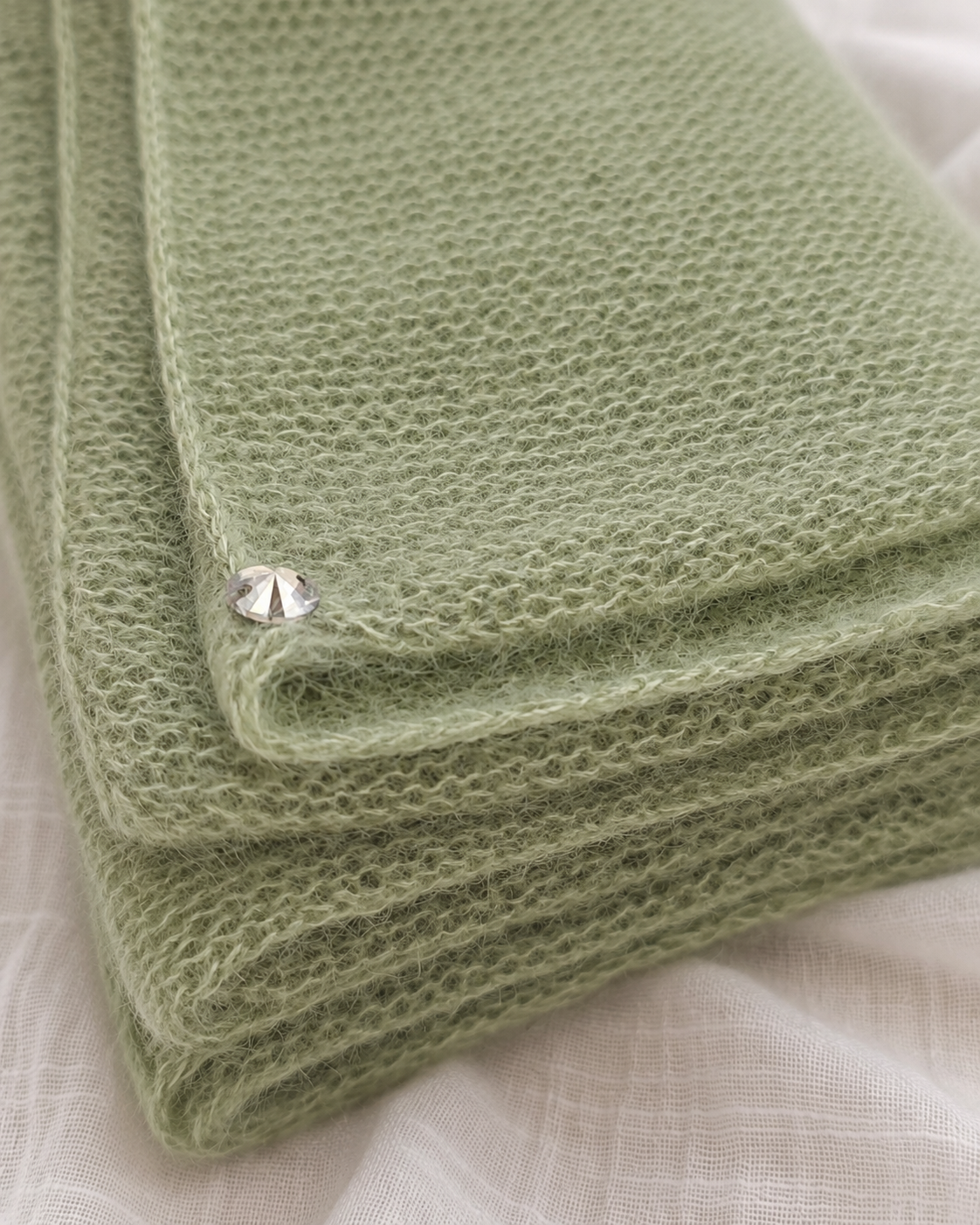 Close-up of the soft kid mohair knit and crystal embellishment.
