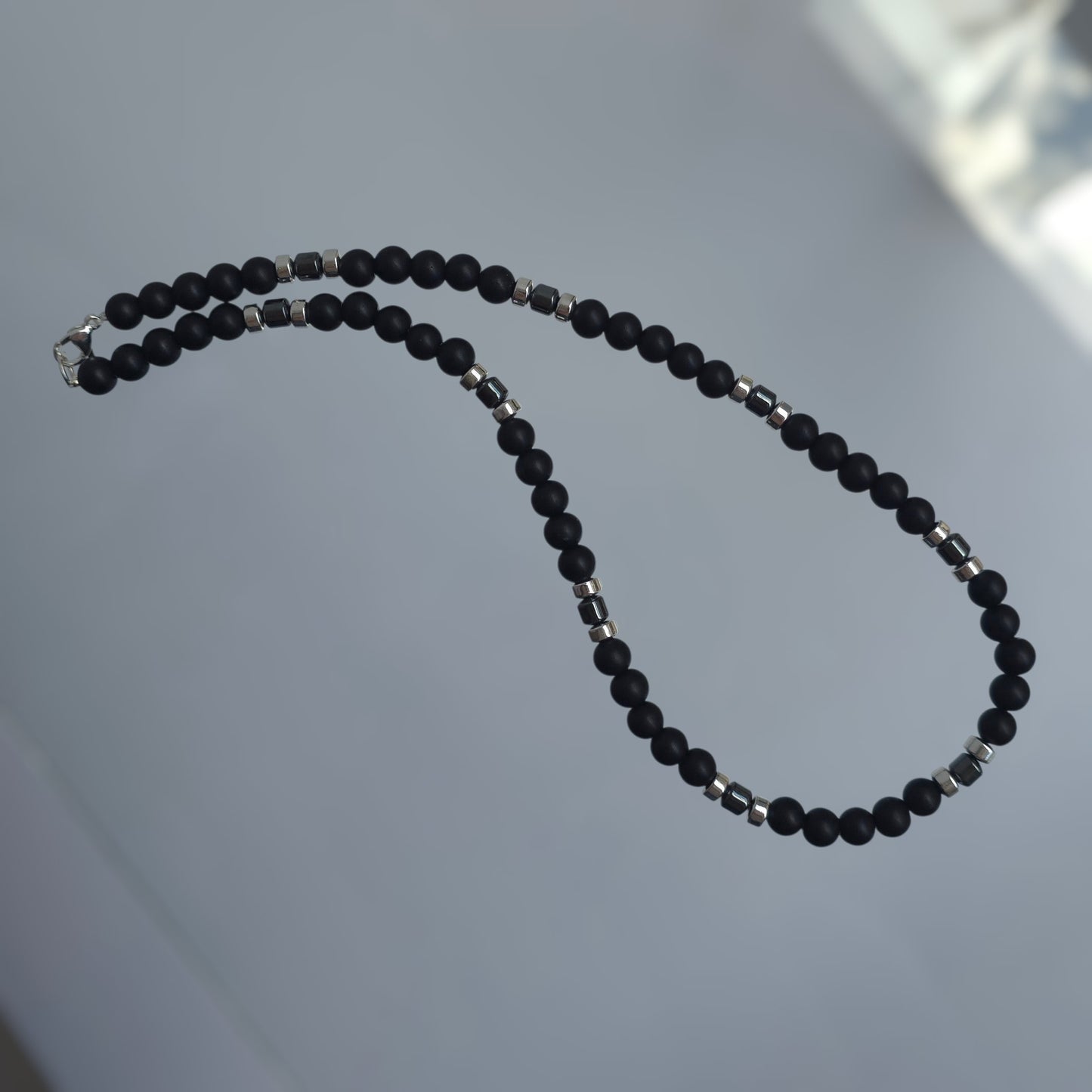 Matte Synthetic Shungite Semi Precious Stone – Metallic Hematite Accent Necklace