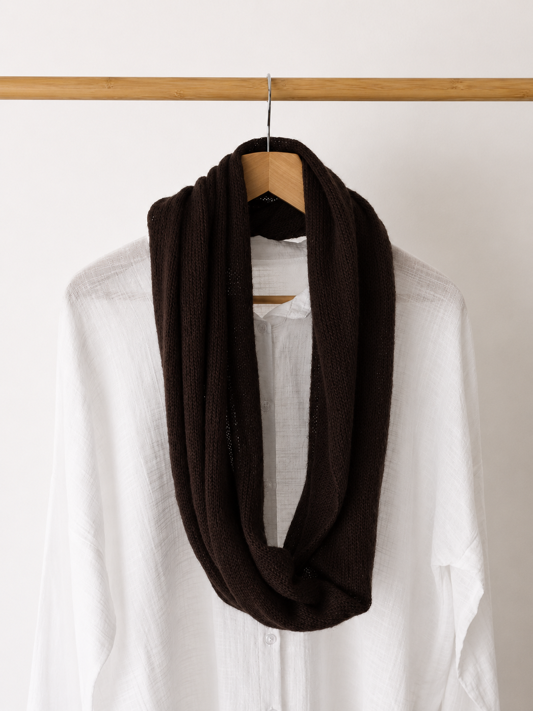 Dark Brown silk mohair infinity scarf worn long on a white linen shirt.