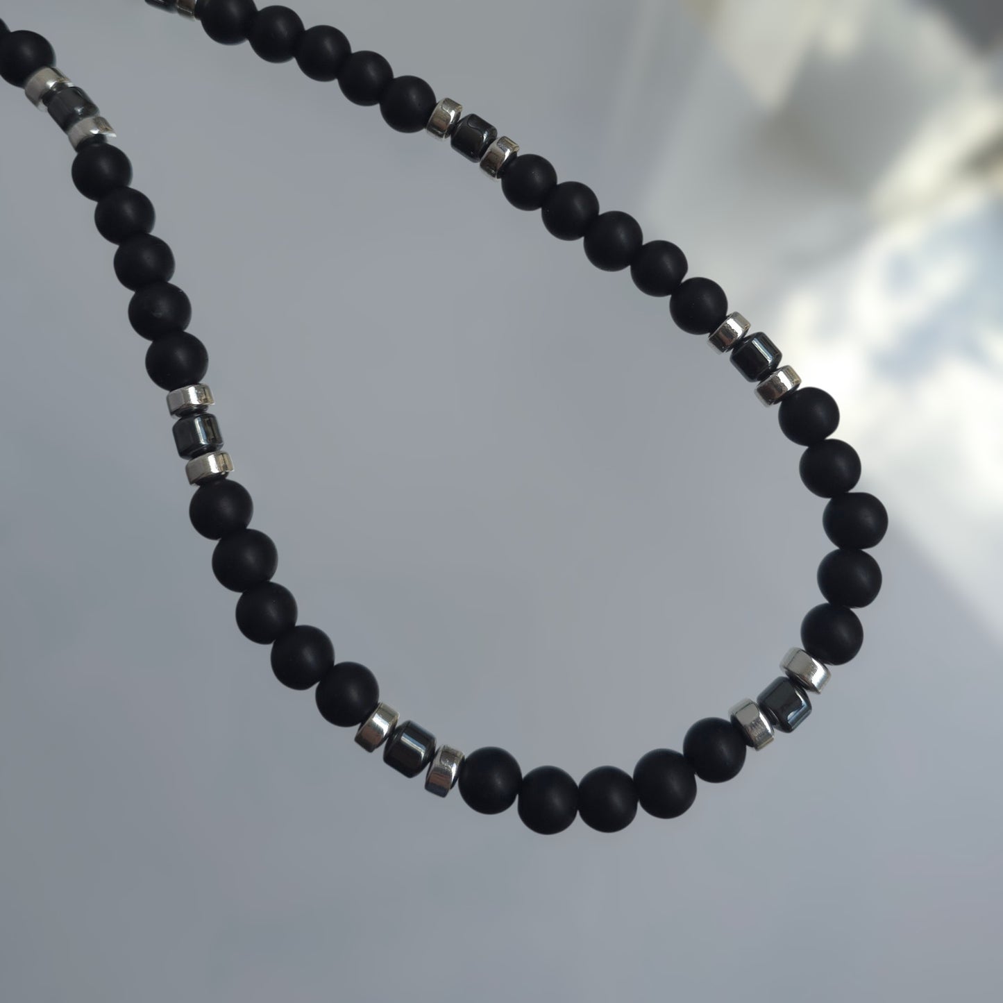 Matte Synthetic Shungite Semi Precious Stone – Metallic Hematite Accent Necklace