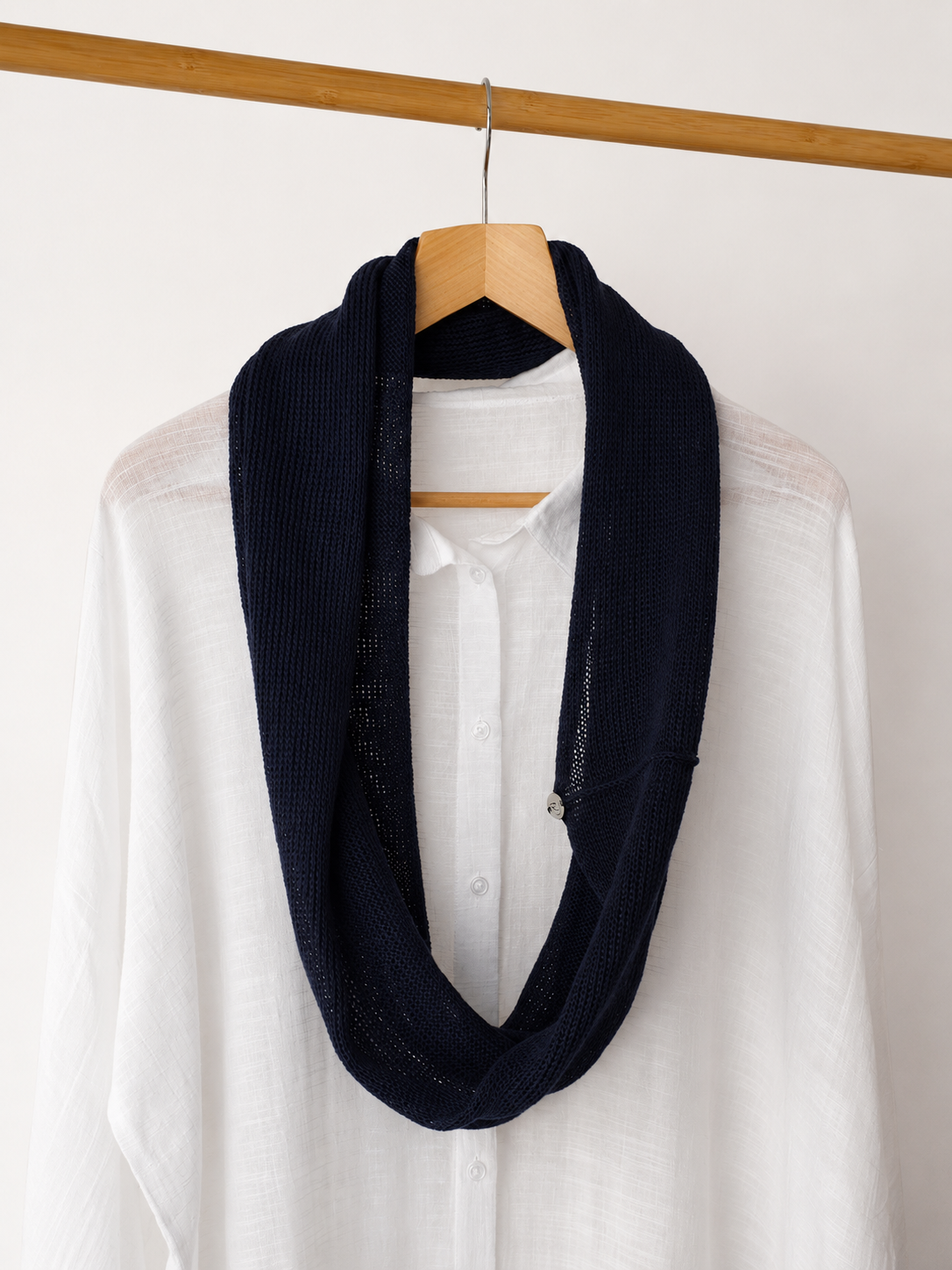 Deep Navy handmade linen Infinity scarf with white linen shirt