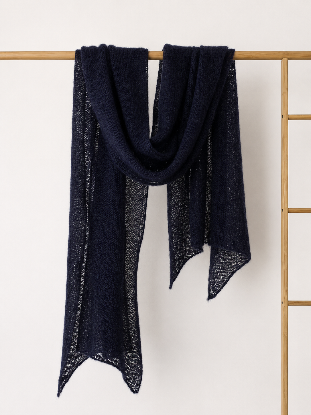 Midnight Navy Silk Mohair Shawl hanging in soft folds.