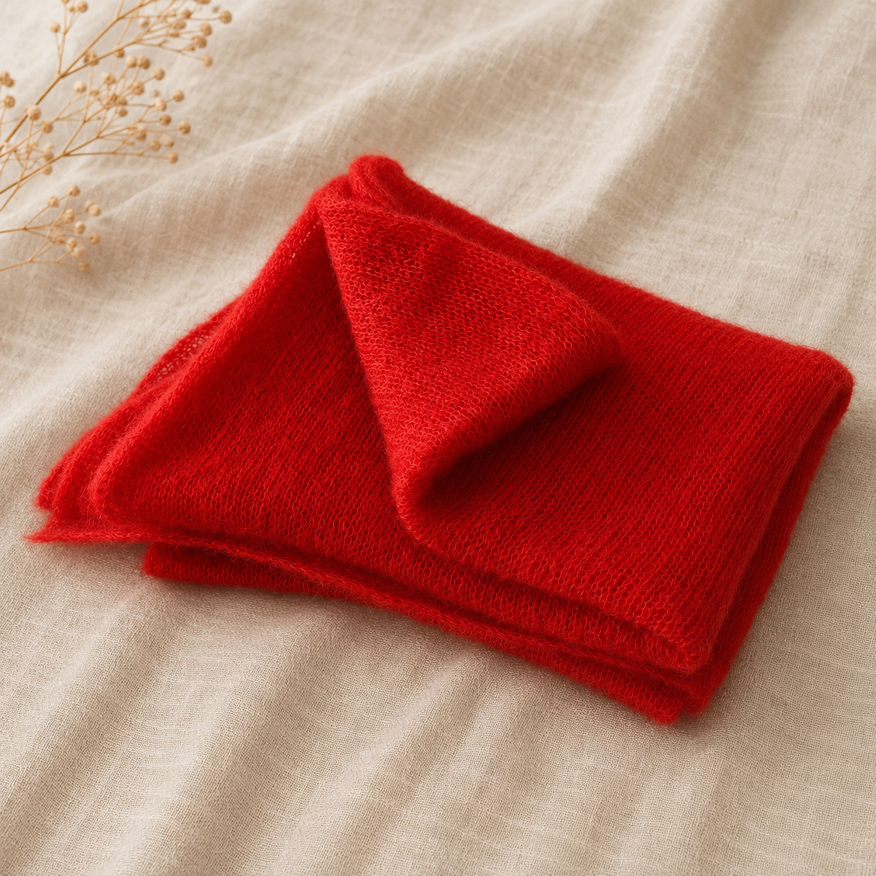 Folded Crimson Flame silk mohair shawl showing its delicate knit and soft texture
