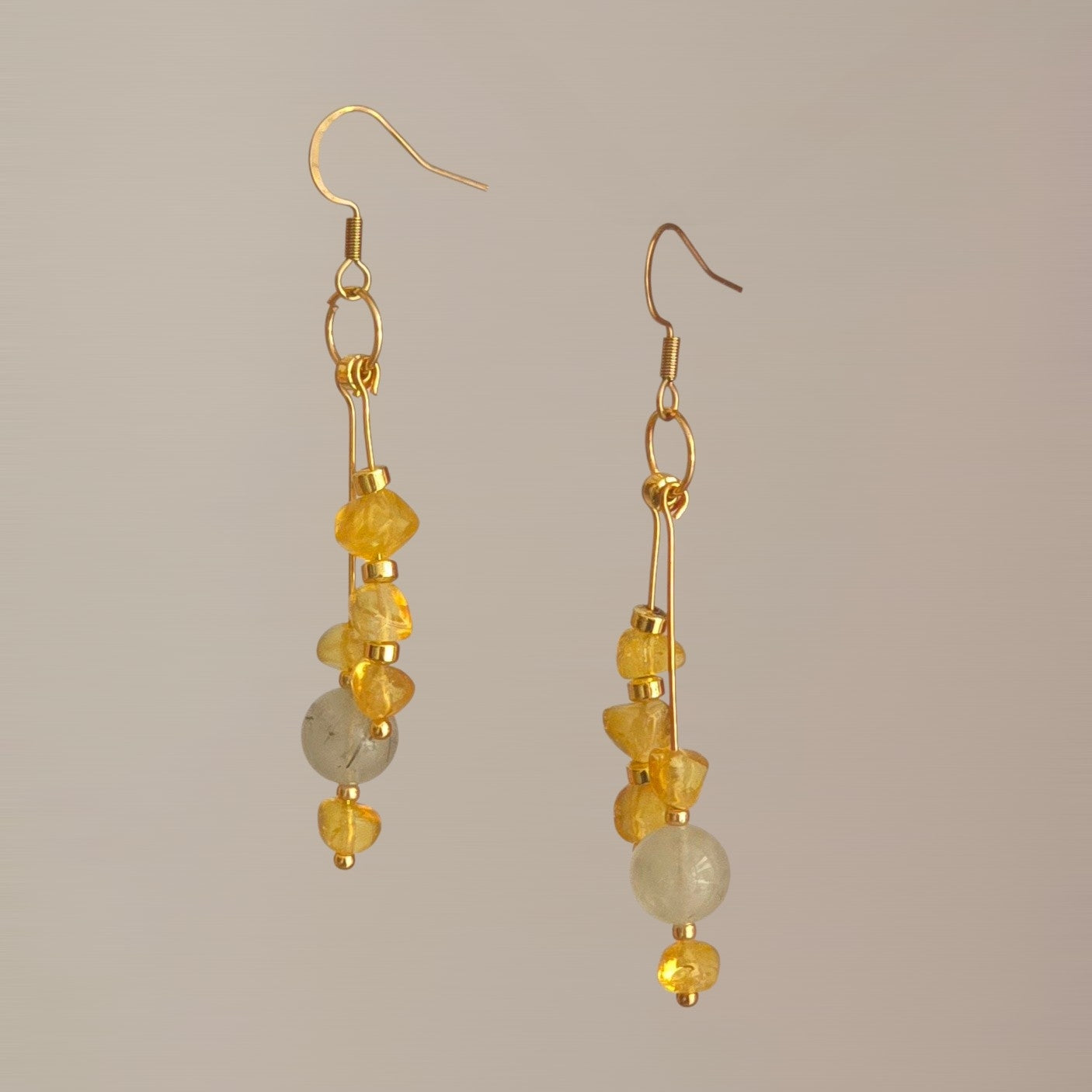 Aura of Amber: Baltic Amber & Prehnite Asymmetric Drop Earrings