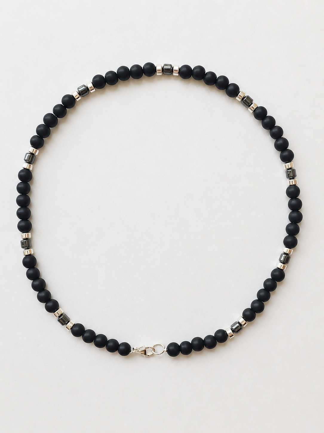 Matte black synthetic shungite necklace with gunmetal and silver-coloured hematite accents