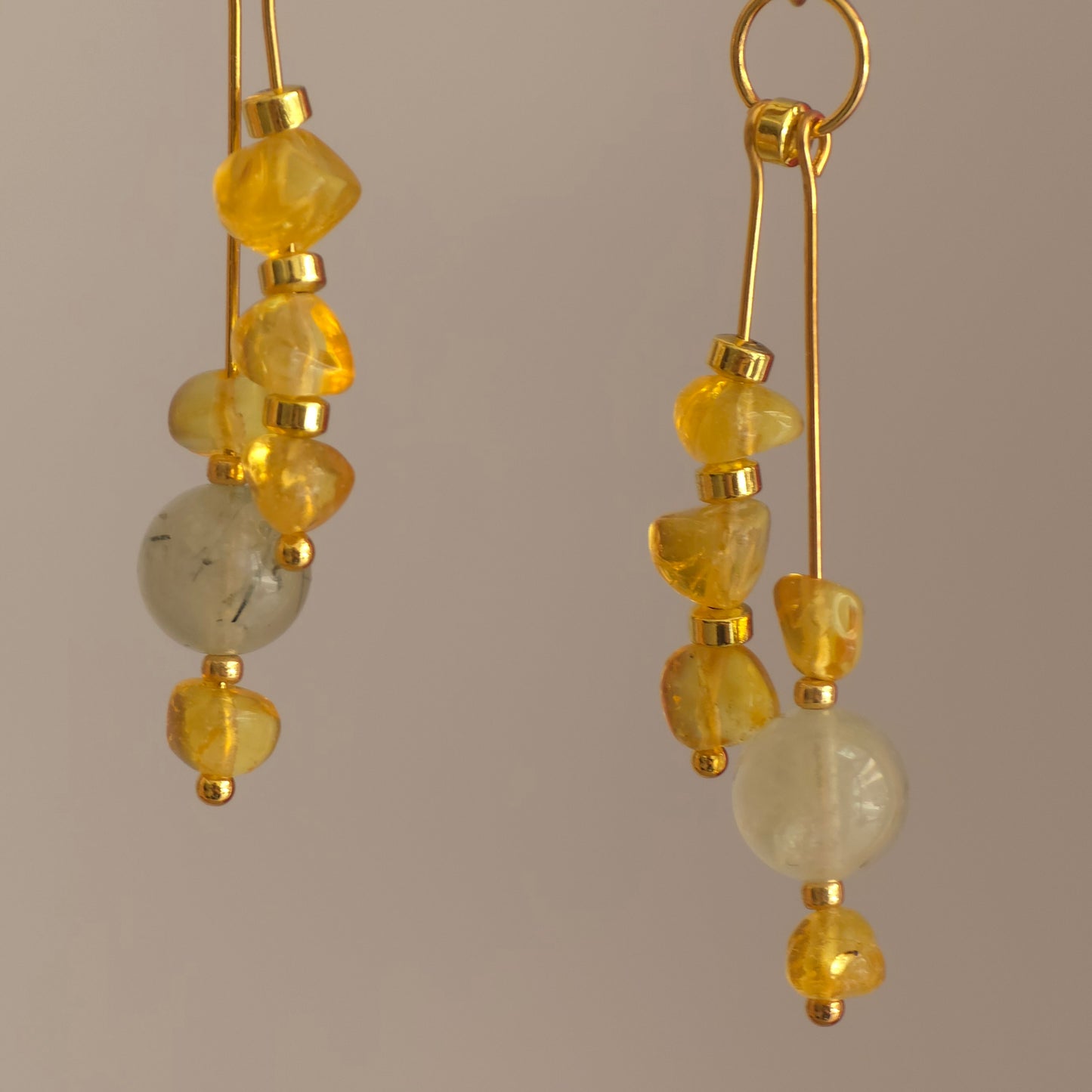 Aura of Amber: Baltic Amber & Prehnite Asymmetric Drop Earrings