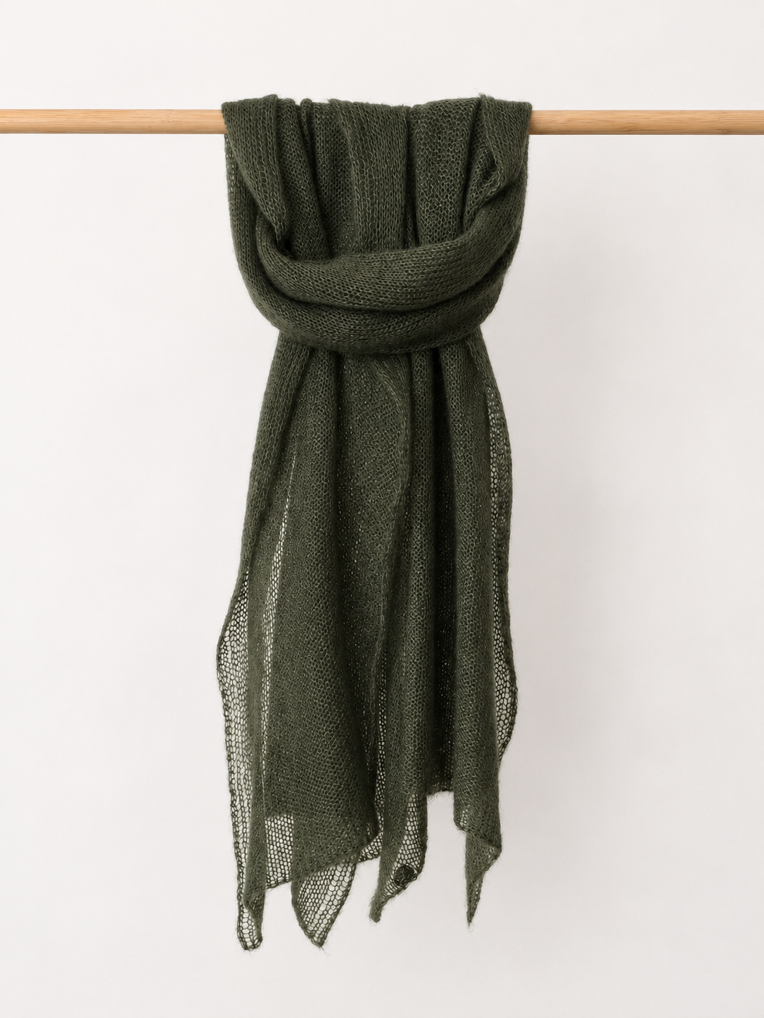 Moss Whisper silk mohair shawl wrapped around the rail to demonstrate everyday styling