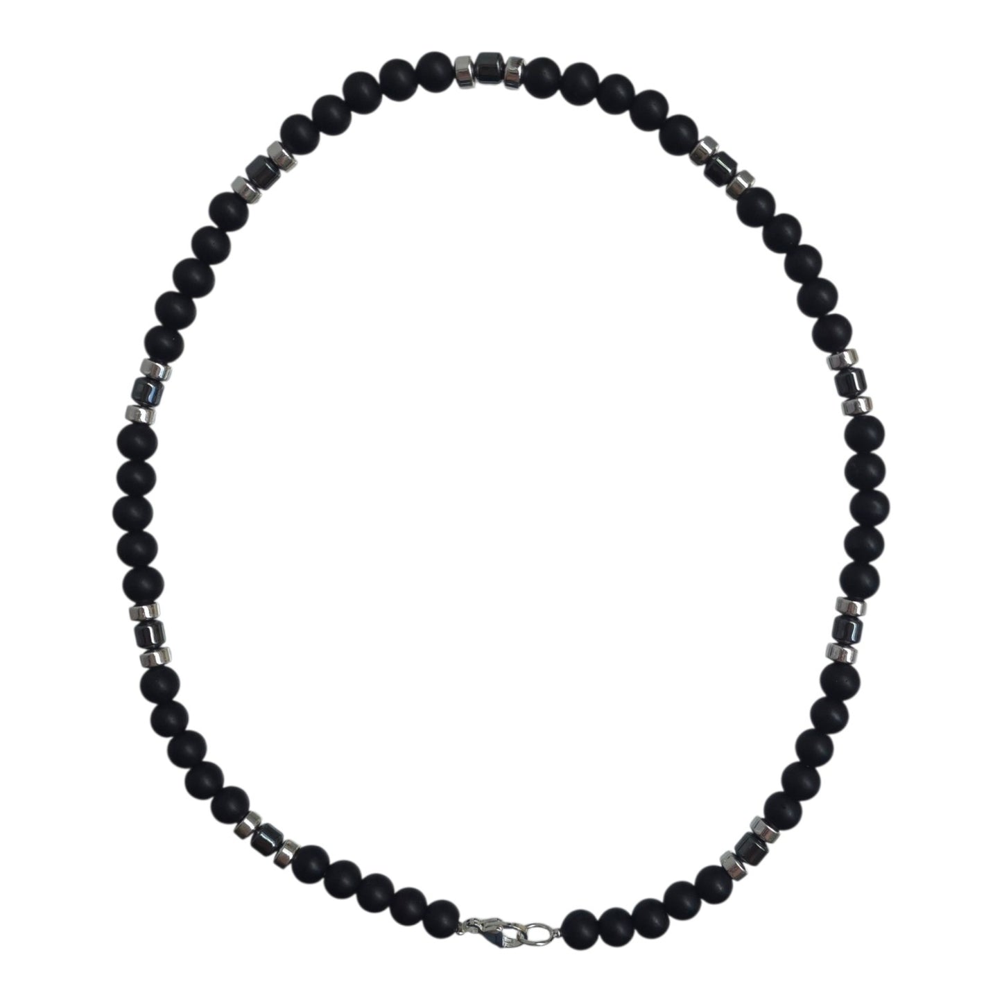 Matte Synthetic Shungite Semi Precious Stone – Metallic Hematite Accent Necklace