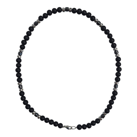 Matte Synthetic Shungite Semi Precious Stone – Metallic Hematite Accent Necklace