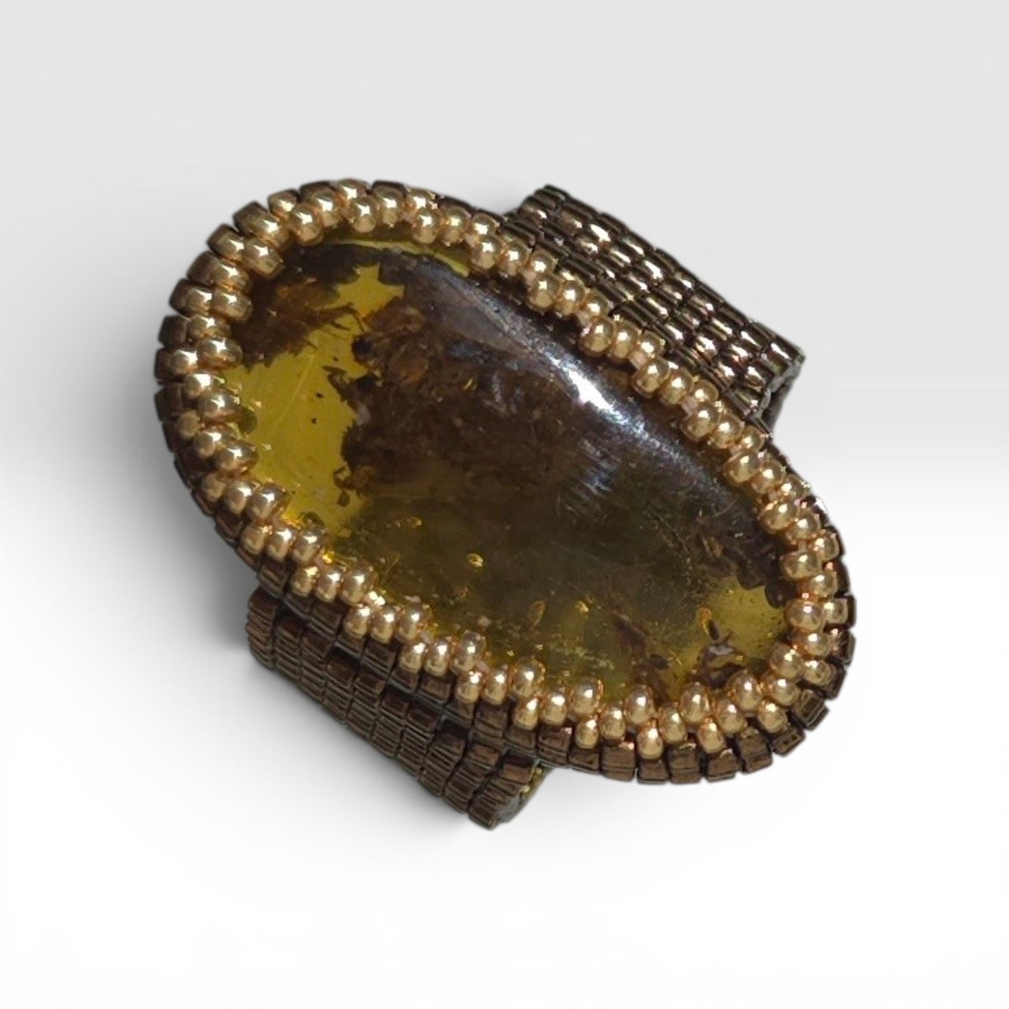 Handmade Moss Baltic Amber Statement Ring | Unique Oval Freeform Amber Beaded Ring