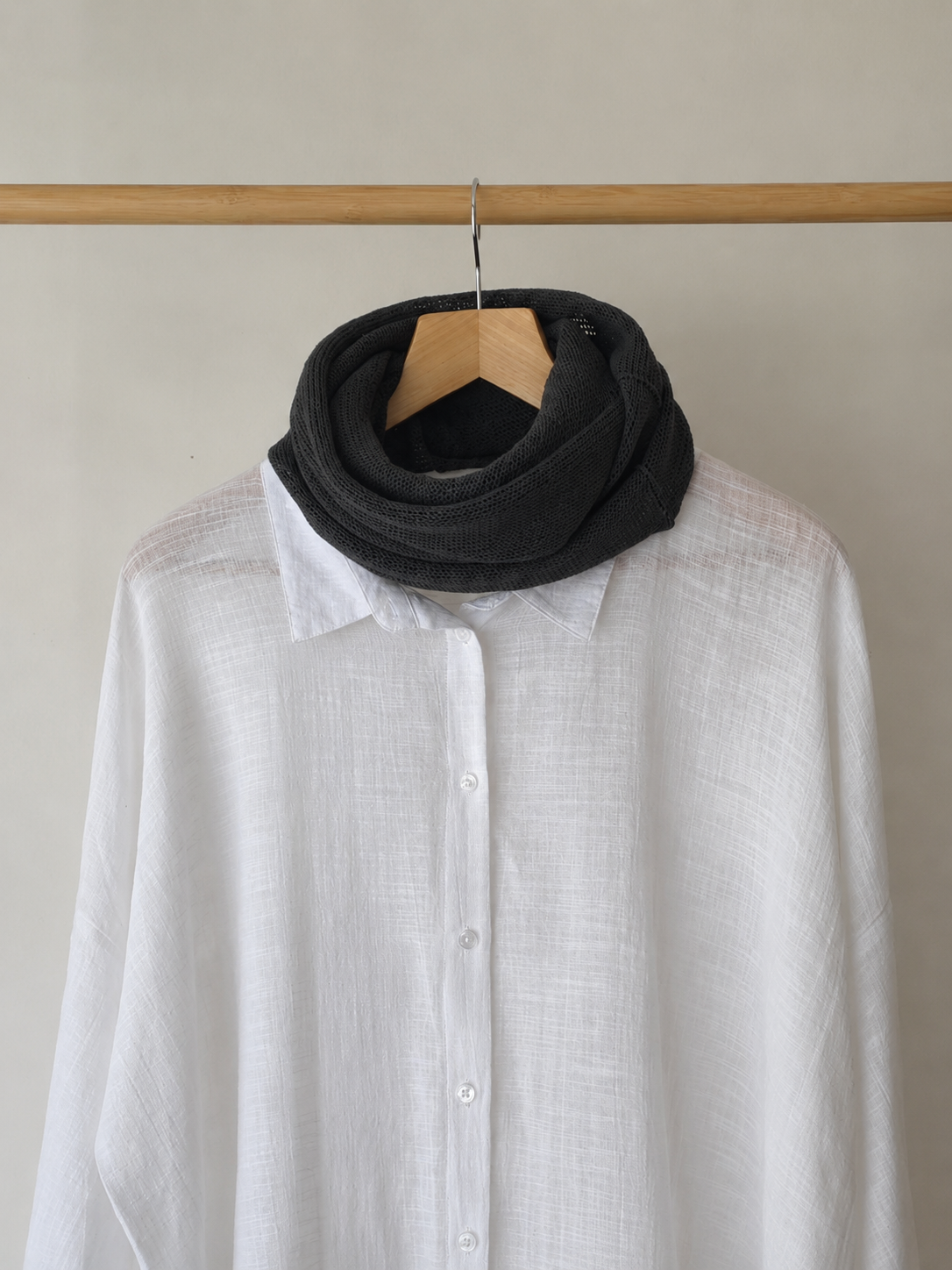 Charcoal Grey linen blend infinity scarf styled with a white linen shirt.