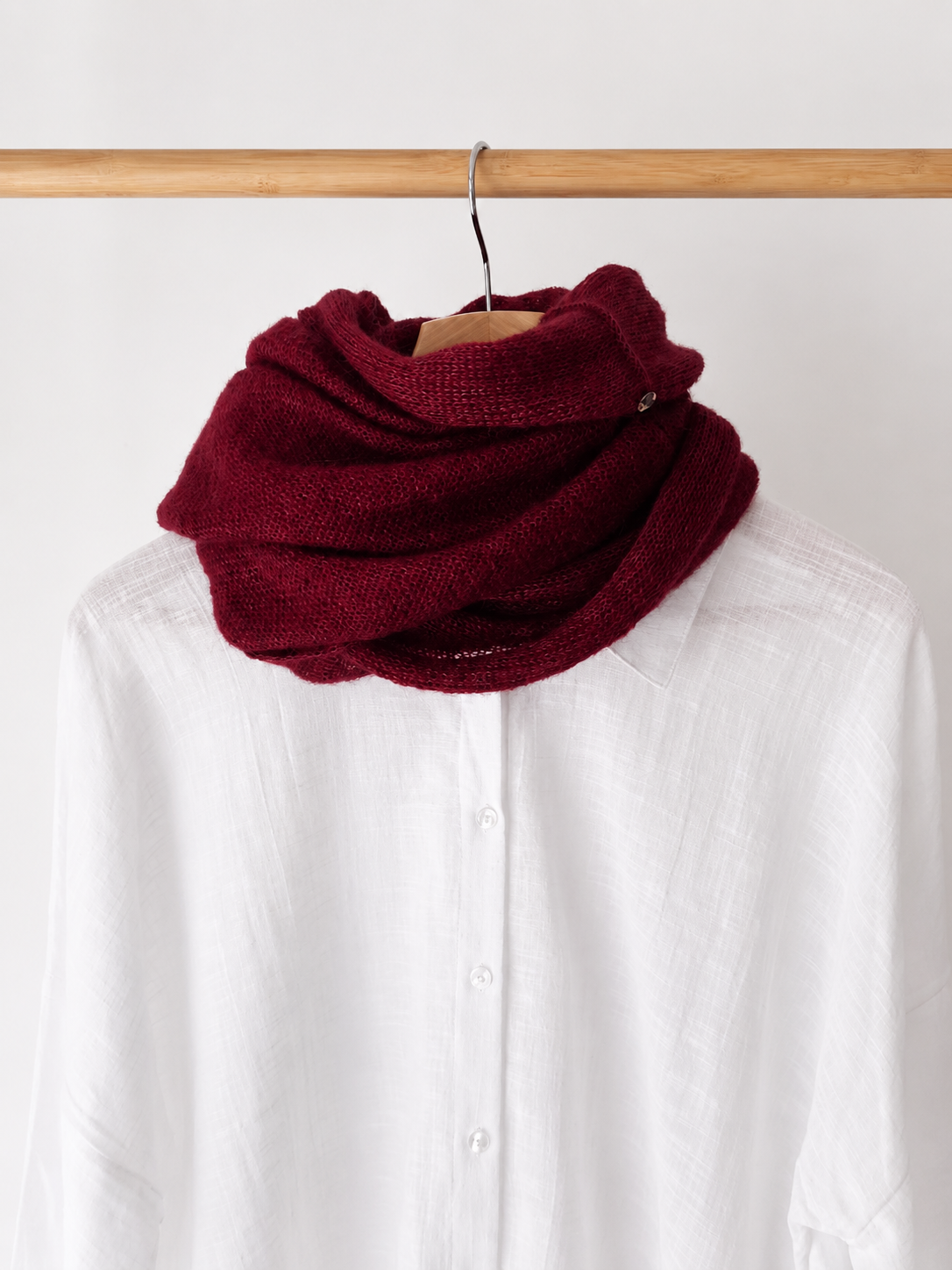Soft Burgundy infinity scarf styled with a white linen shirt.