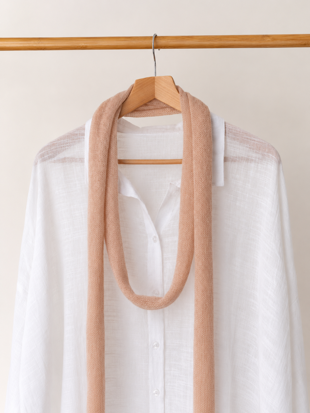 Close-up of Blush Sand kid mohair skinny scarf